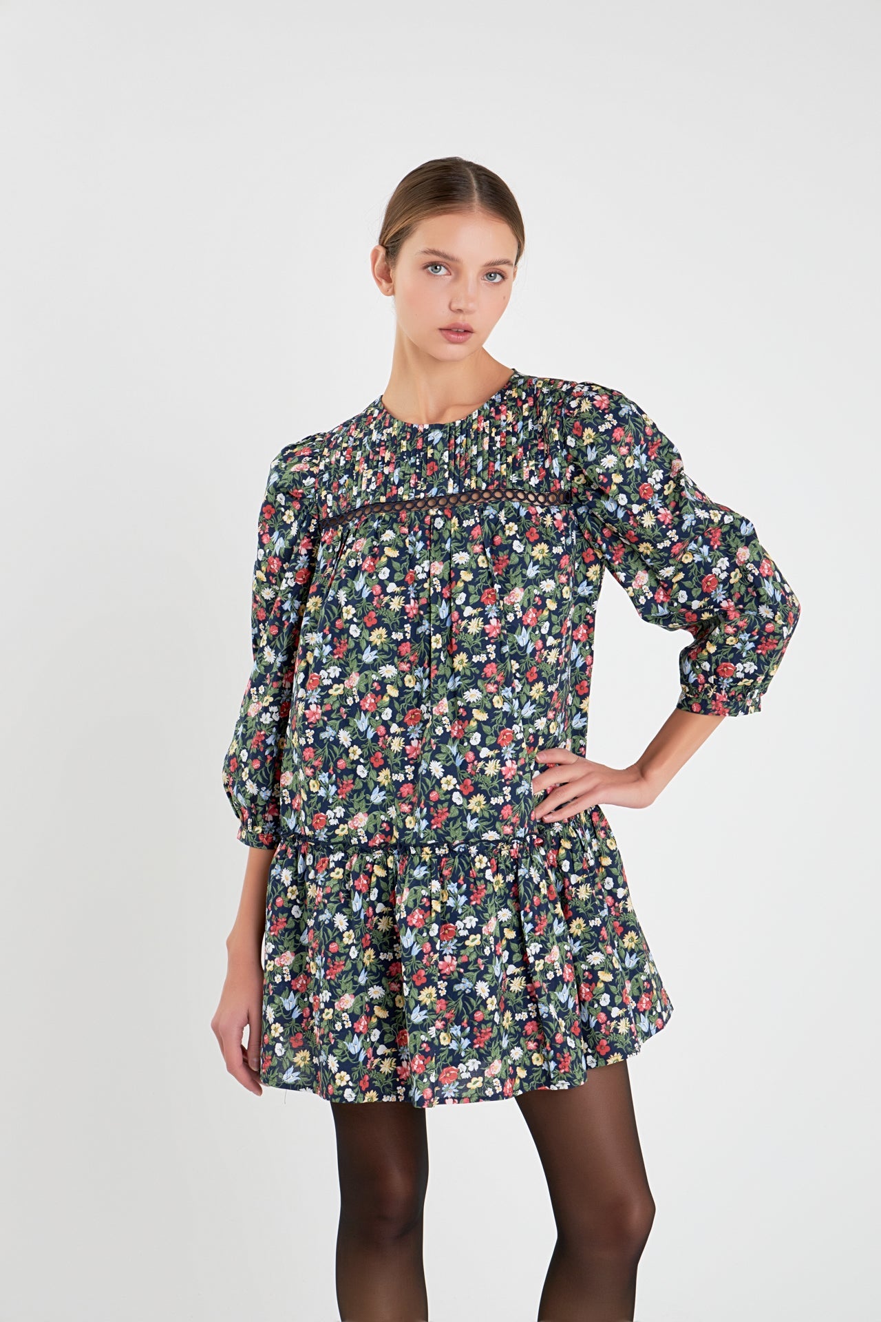 Floral Print Pintuck Mini Dress