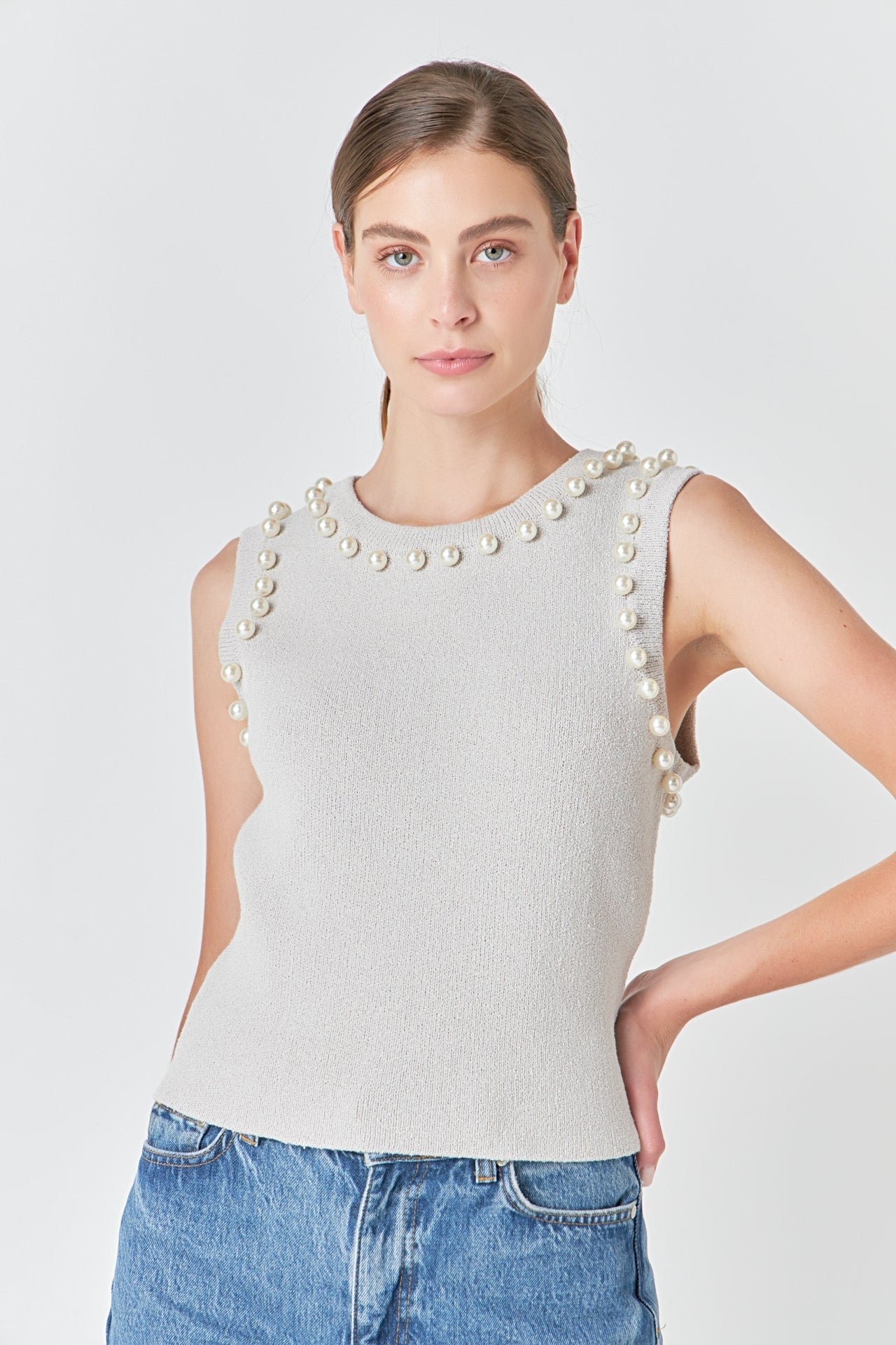 ENDLESS ROSE - Pearl Detail Knit Tank Top - TOPS available at Objectrare