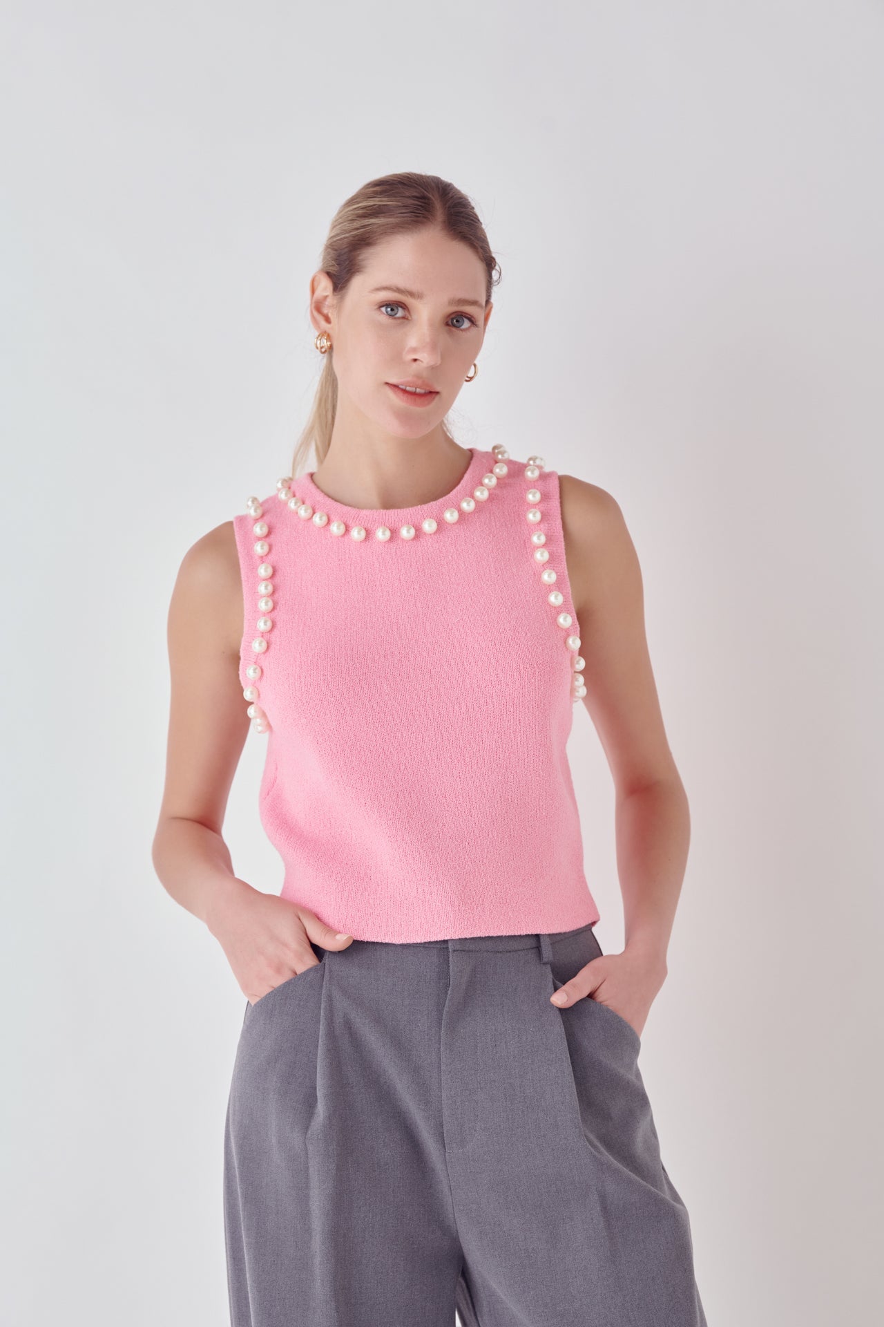 ENDLESS ROSE - Pearl Detail Knit Tank Top - TOPS available at Objectrare