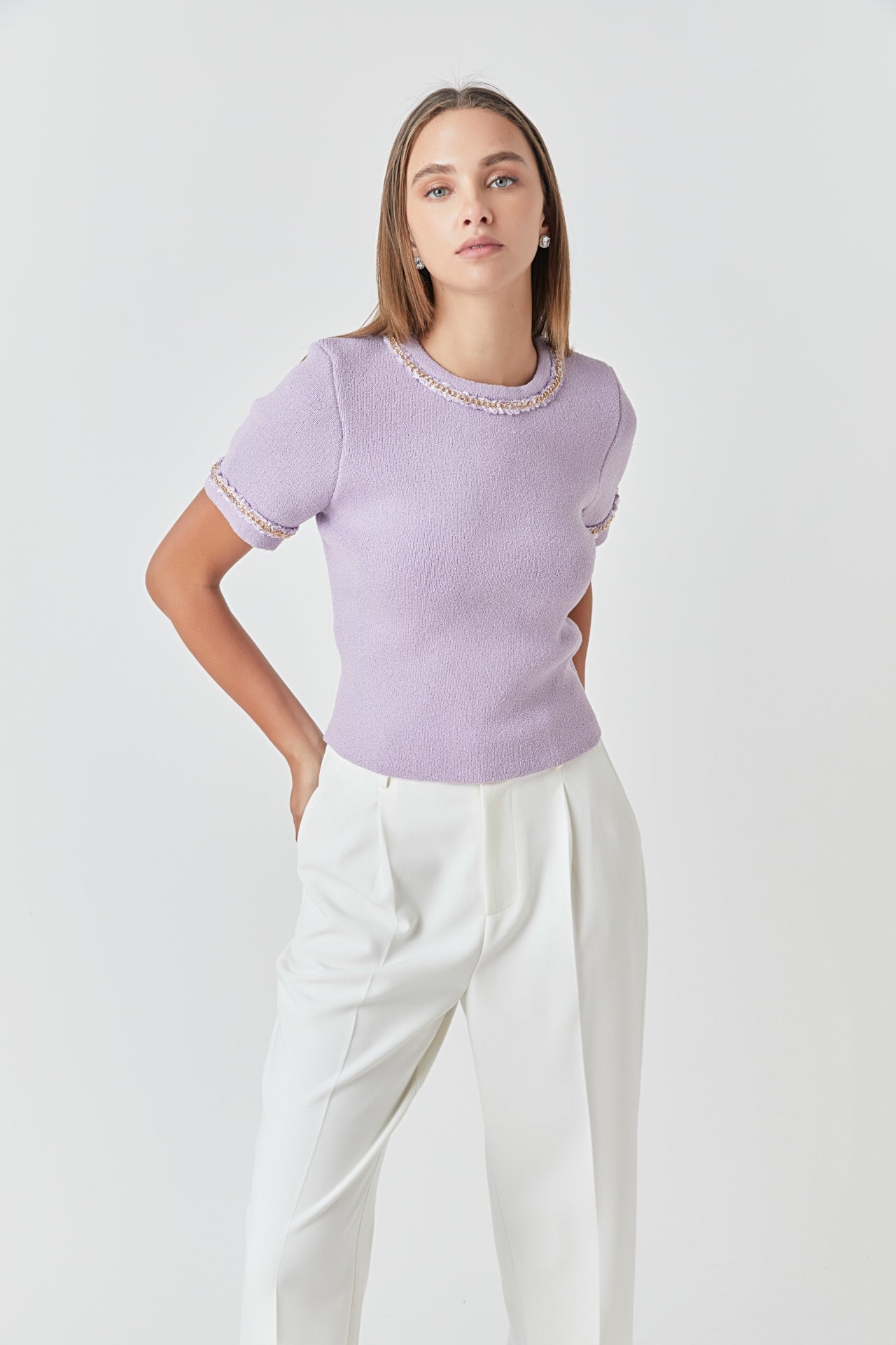 ENDLESS ROSE - Chain Trim Knit Short Sleeve Top - TOPS available at Objectrare