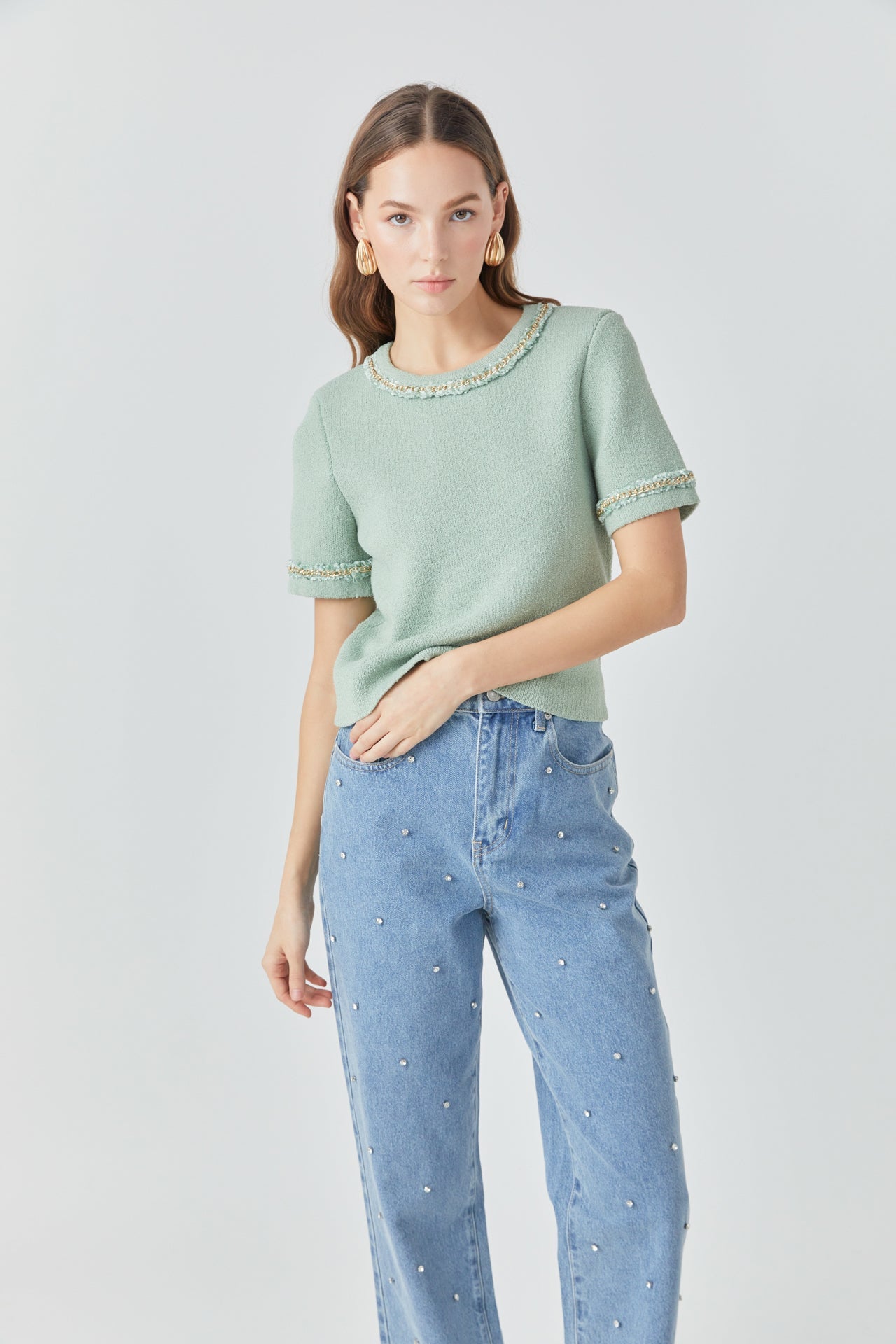 ENDLESS ROSE - Chain Trim Knit Short Sleeve Top - TOPS available at Objectrare