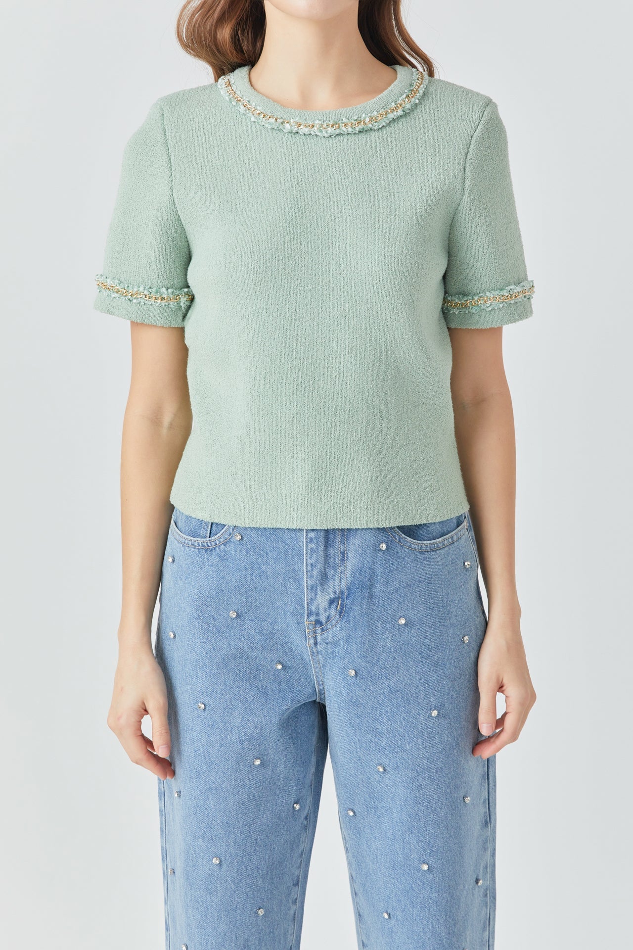ENDLESS ROSE - Chain Trim Knit Short Sleeve Top - TOPS available at Objectrare