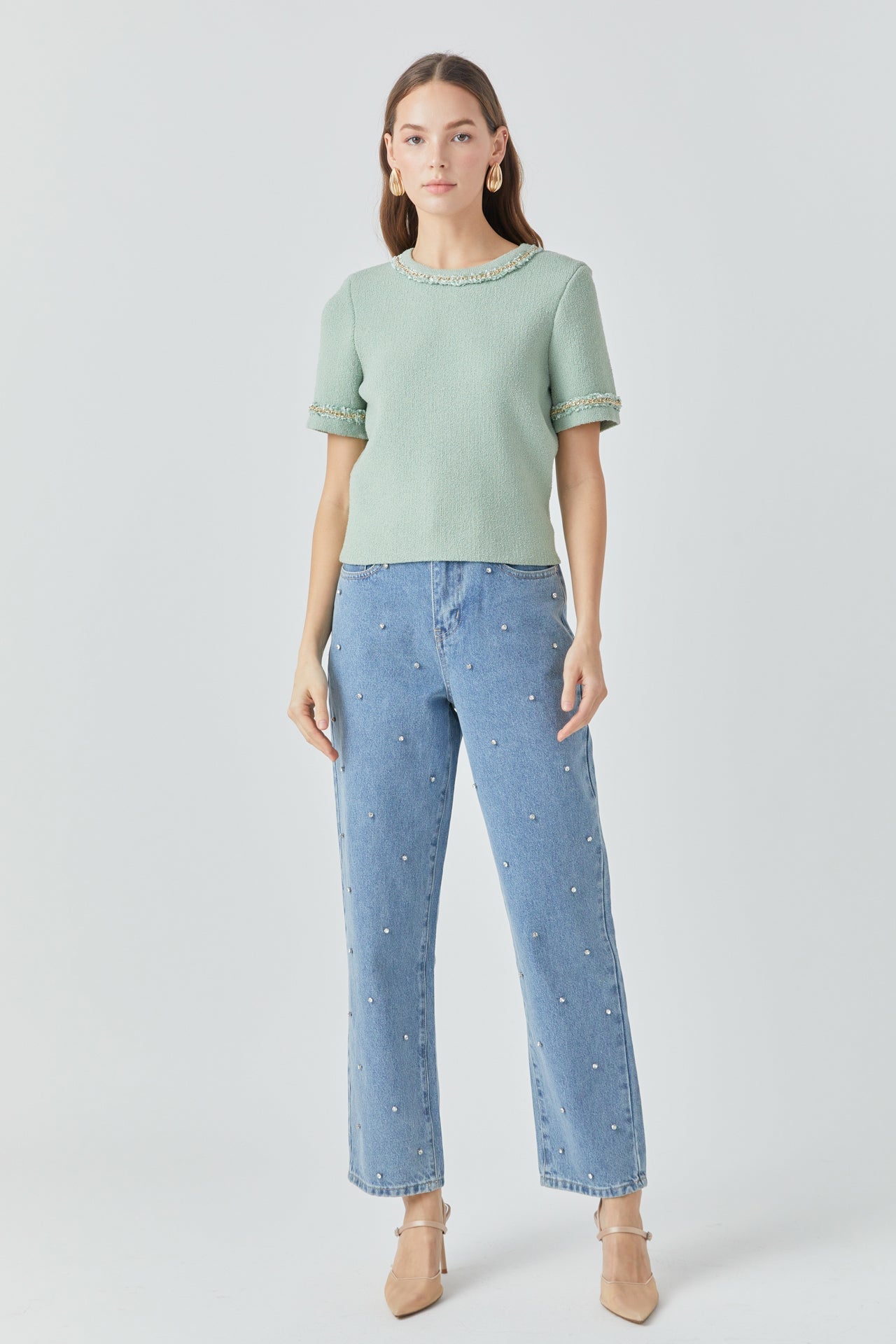 ENDLESS ROSE - Chain Trim Knit Short Sleeve Top - TOPS available at Objectrare