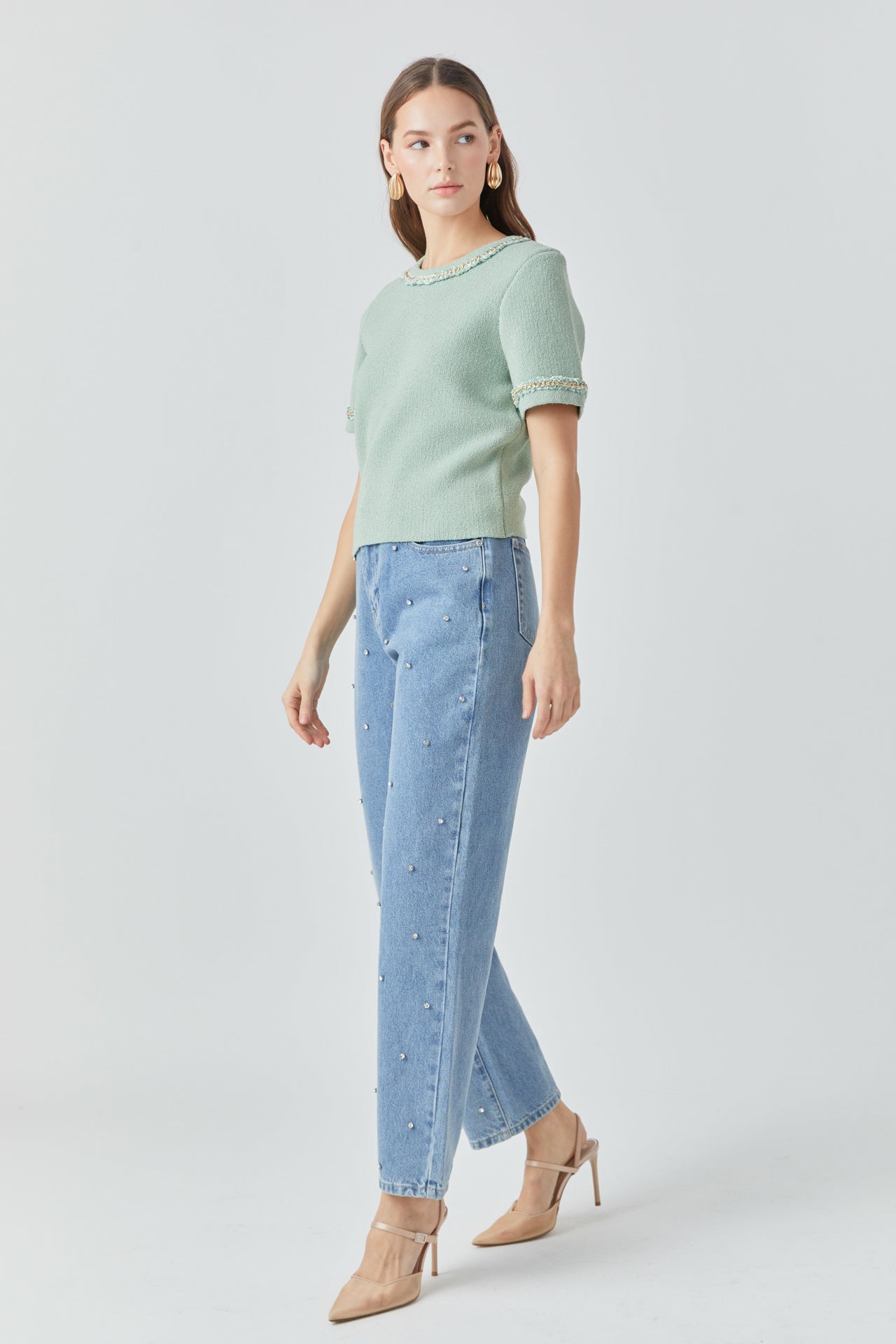 ENDLESS ROSE - Chain Trim Knit Short Sleeve Top - TOPS available at Objectrare