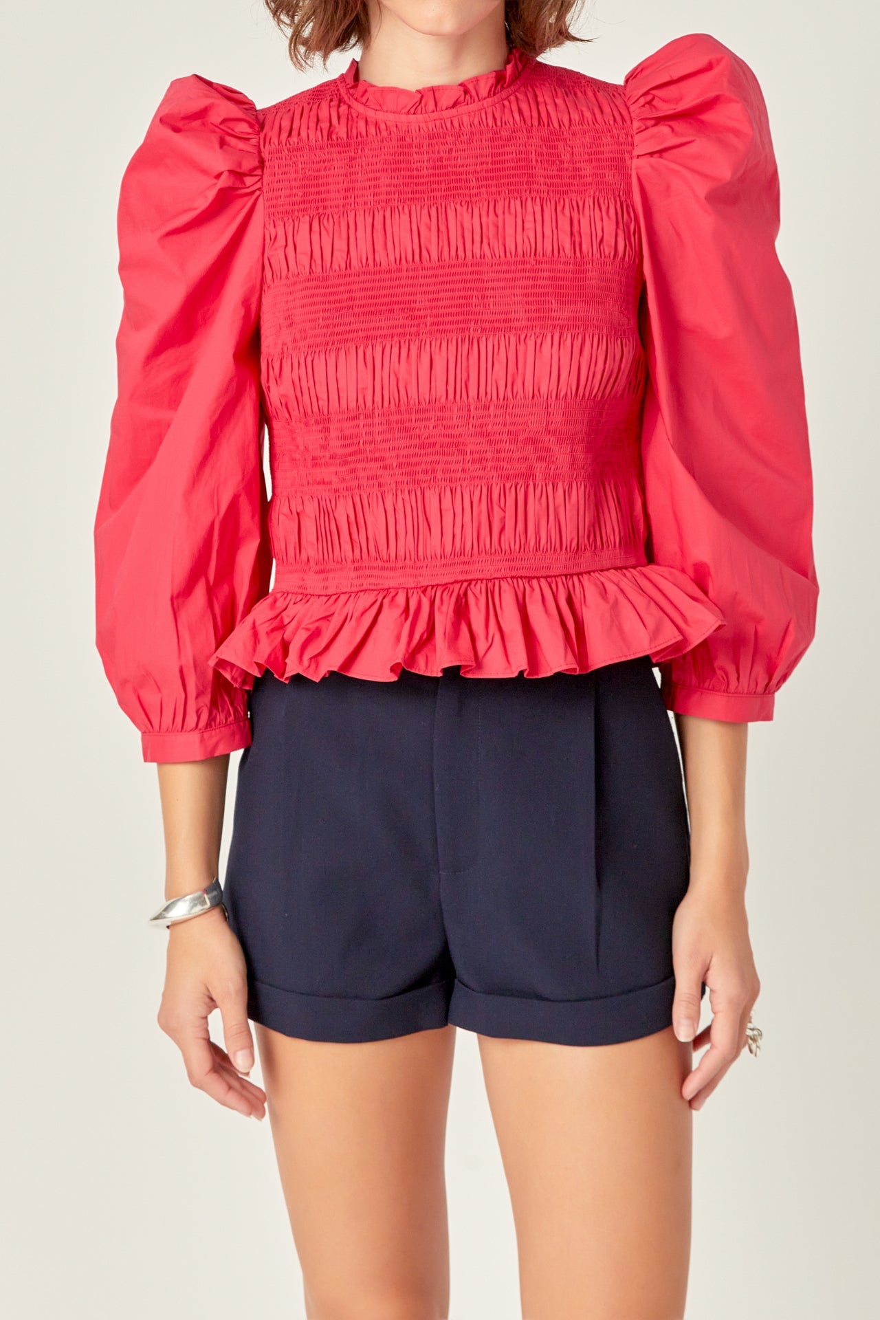 ENGLISH FACTORY - Smocking Detail Puff Sleeve Poplin Blouse - TOPS available at Objectrare