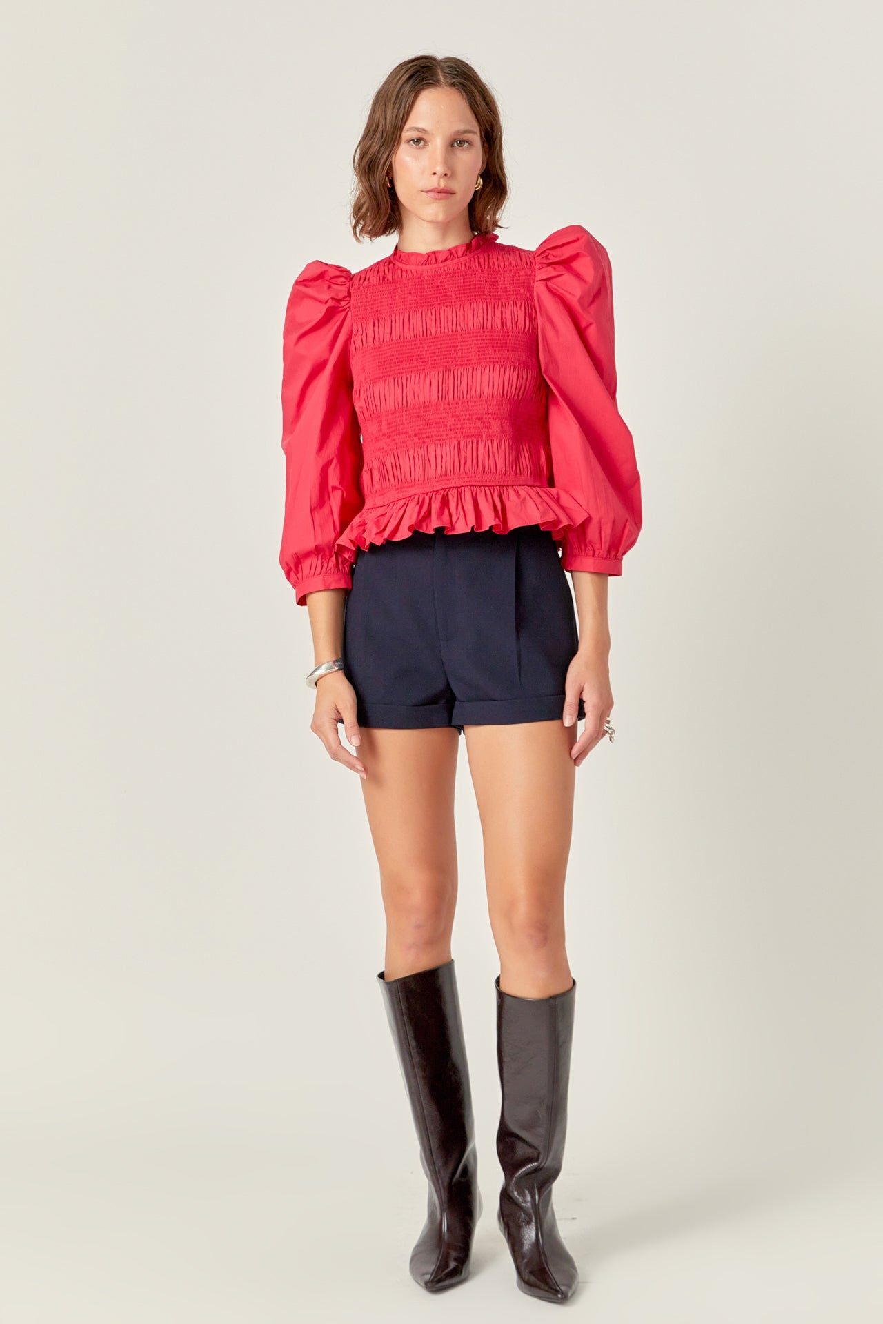 ENGLISH FACTORY - Smocking Detail Puff Sleeve Poplin Blouse - TOPS available at Objectrare
