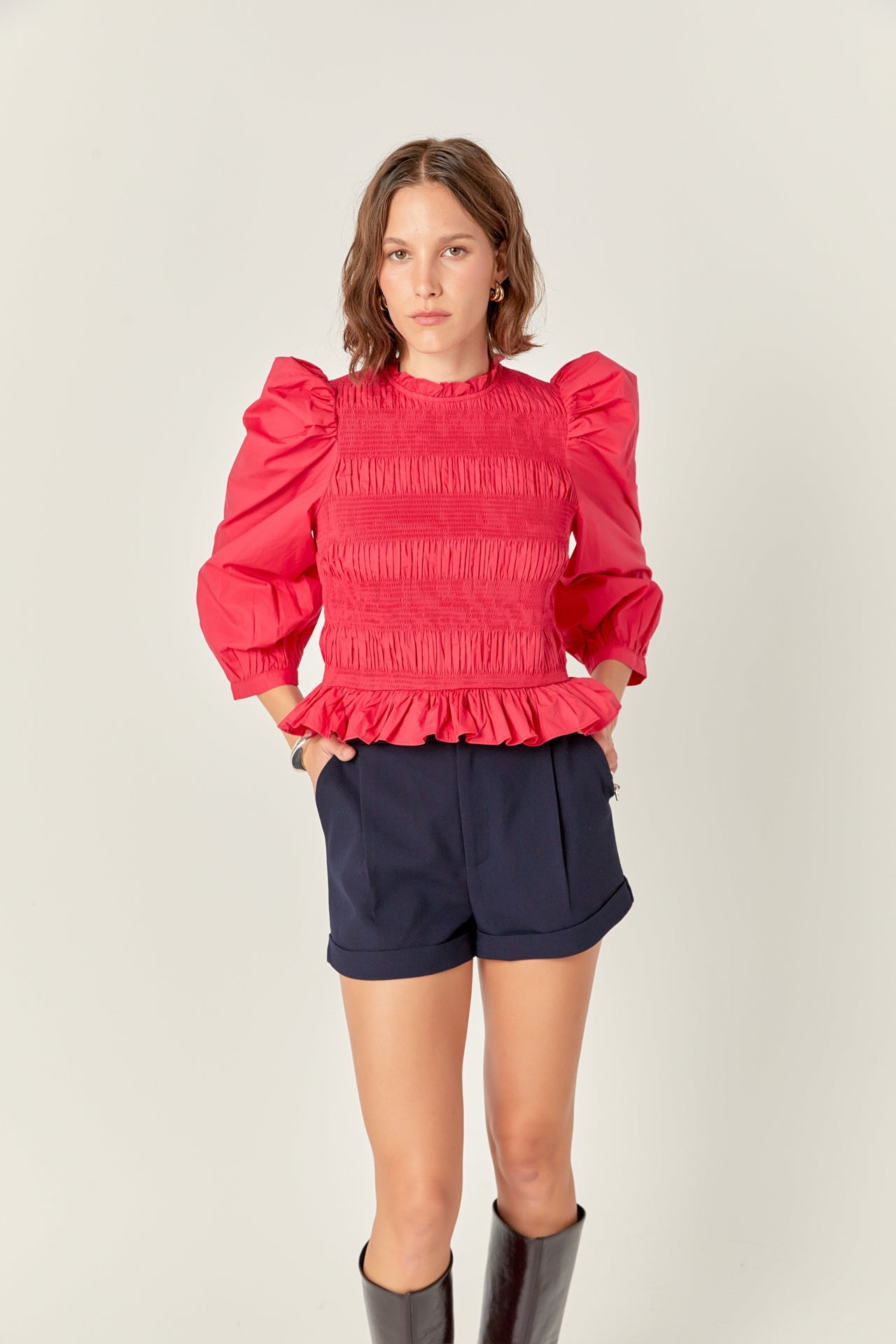 ENGLISH FACTORY - Smocking Detail Puff Sleeve Poplin Blouse - TOPS available at Objectrare