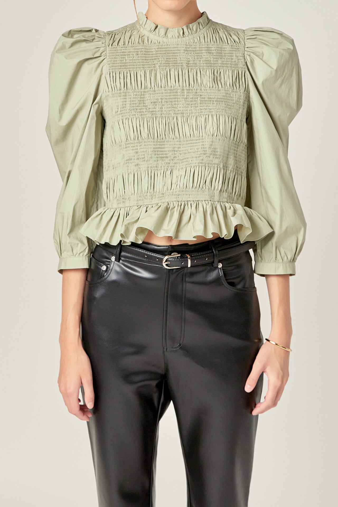 ENGLISH FACTORY - Smocking Detail Puff Sleeve Poplin Blouse - TOPS available at Objectrare