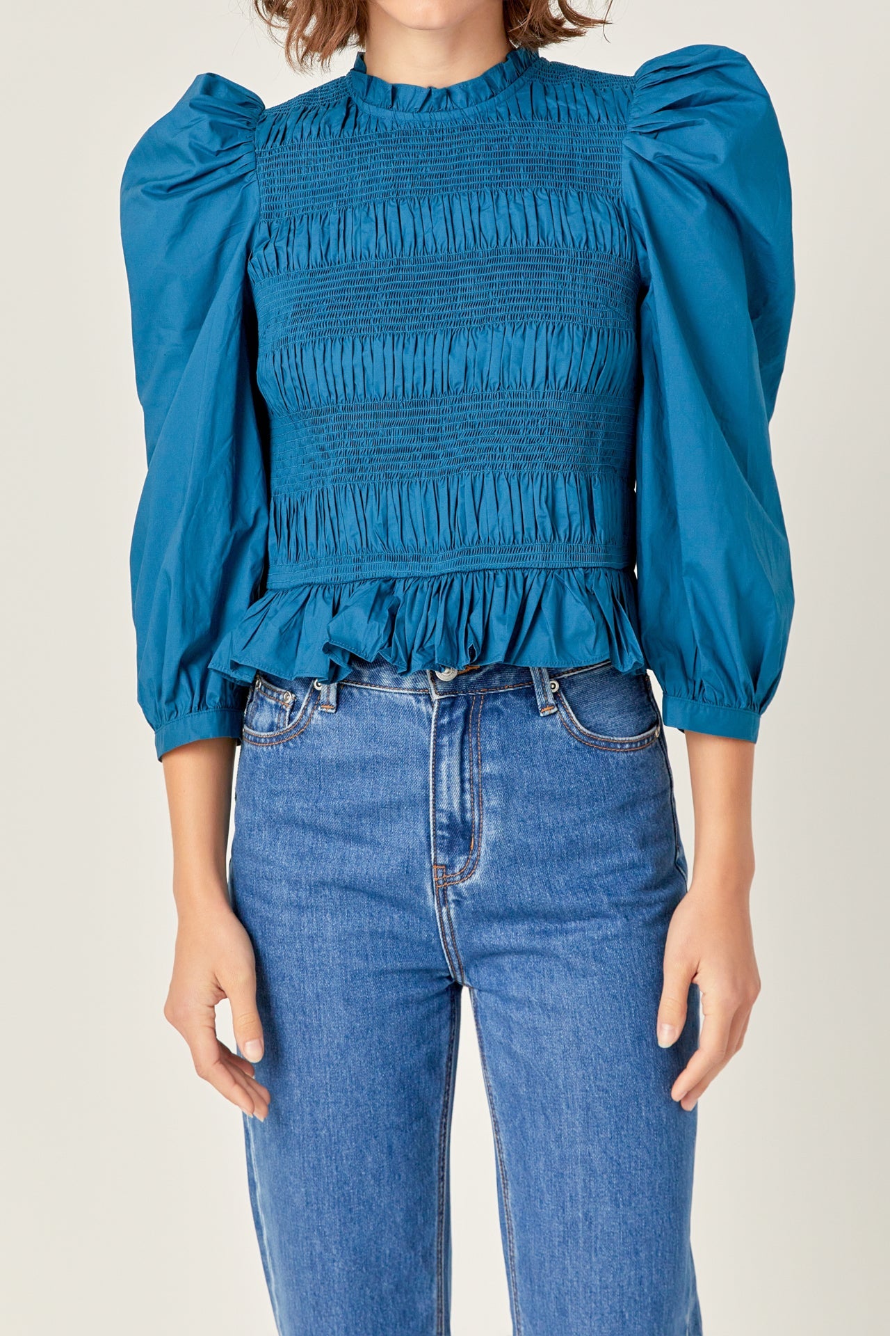 ENGLISH FACTORY - Smocking Detail Puff Sleeve Poplin Blouse - TOPS available at Objectrare