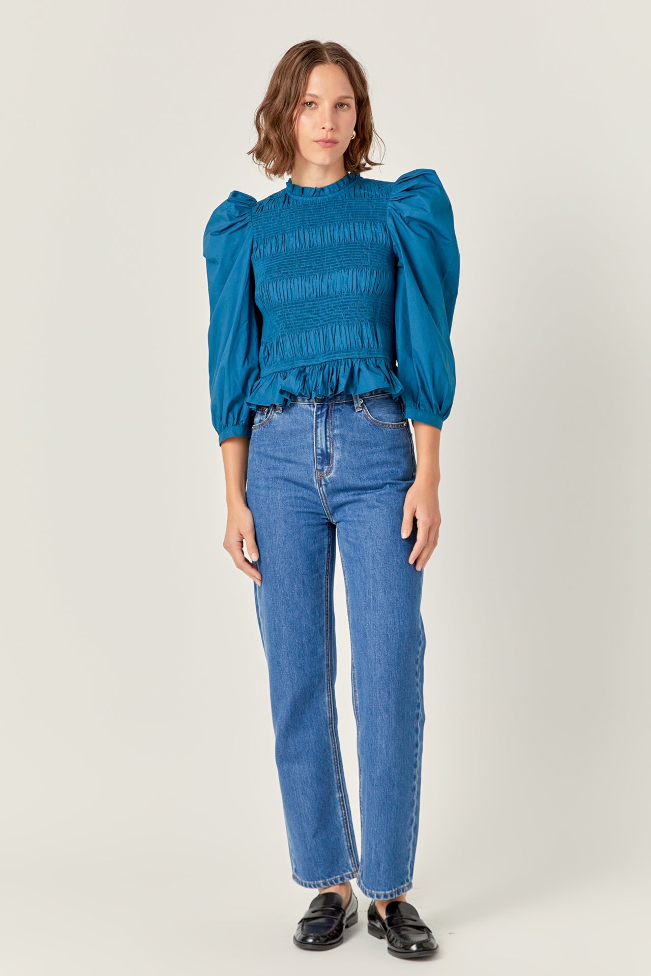 ENGLISH FACTORY - Smocking Detail Puff Sleeve Poplin Blouse - TOPS available at Objectrare
