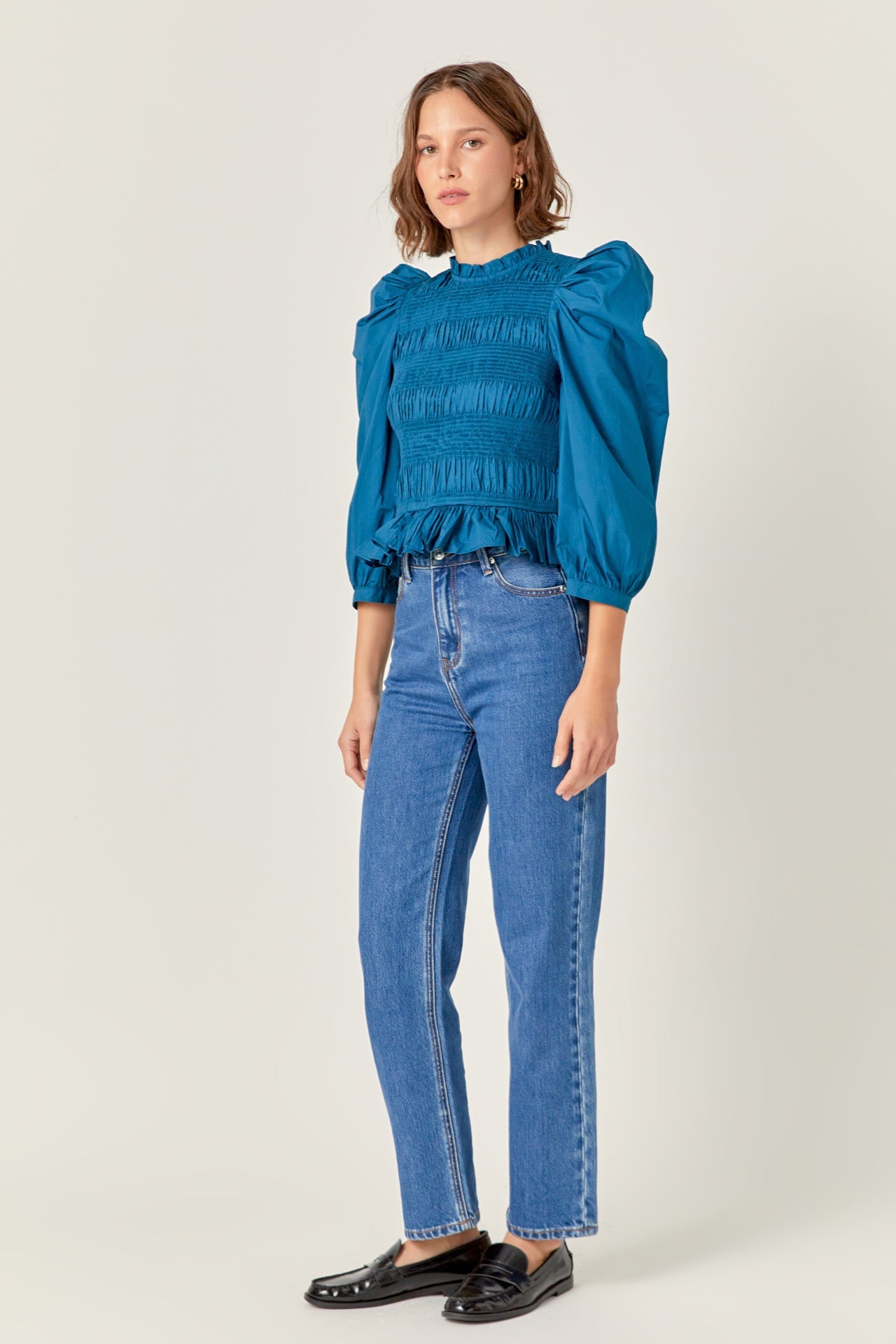 ENGLISH FACTORY - Smocking Detail Puff Sleeve Poplin Blouse - TOPS available at Objectrare