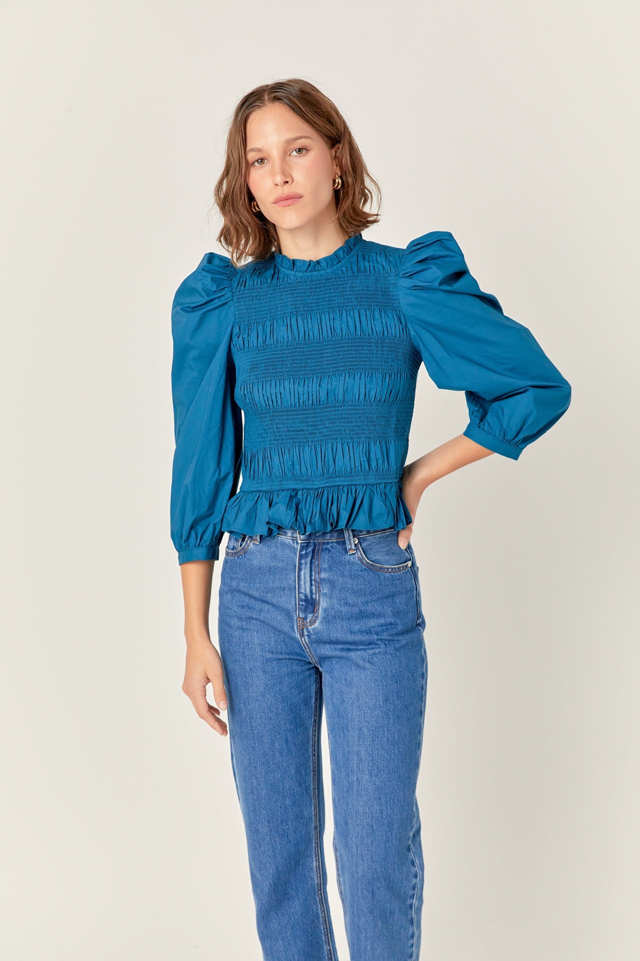 ENGLISH FACTORY - Smocking Detail Puff Sleeve Poplin Blouse - TOPS available at Objectrare