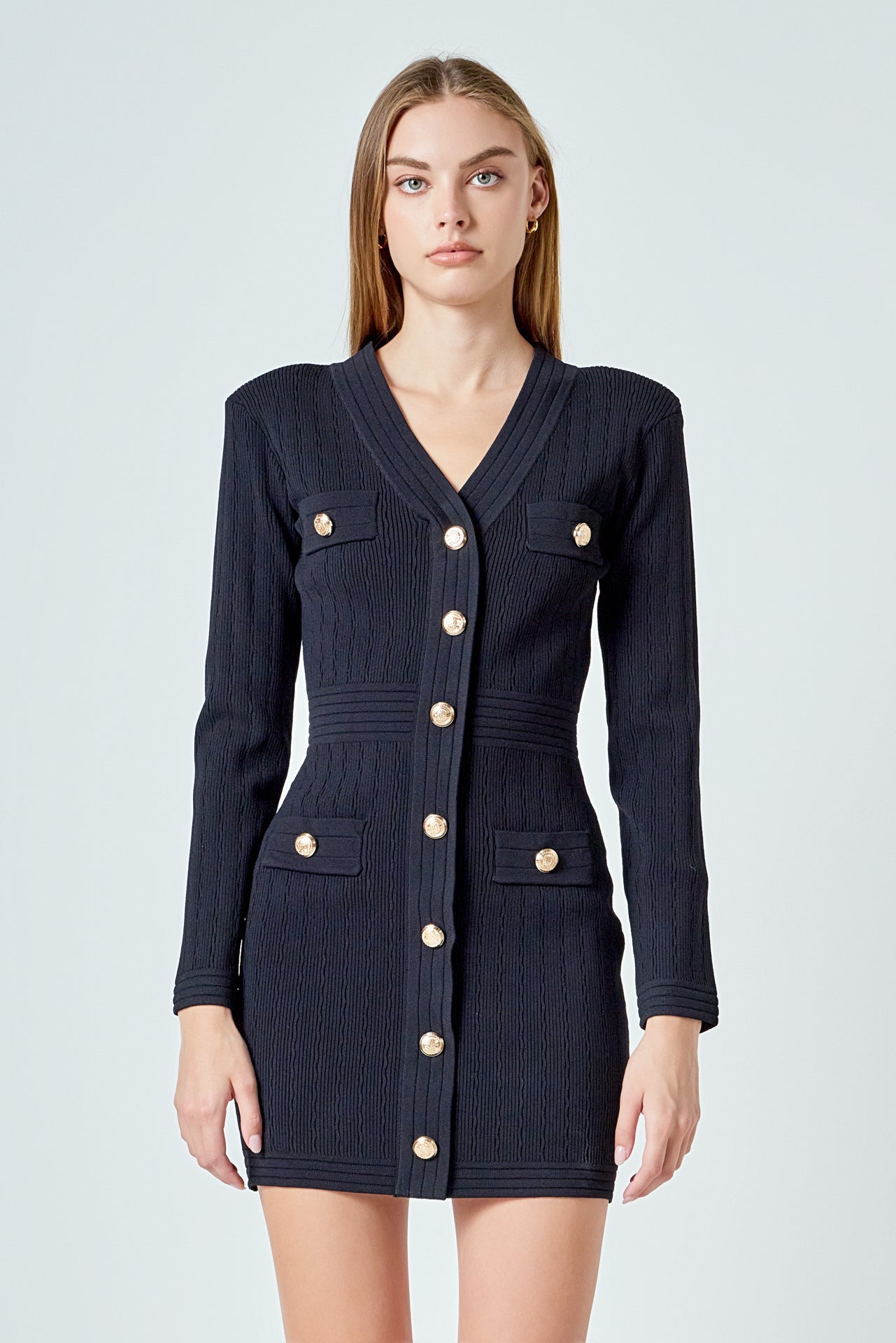 ENDLESS ROSE - V-neck Long Sleeve Knit Mini Dress - DRESSES available at Objectrare