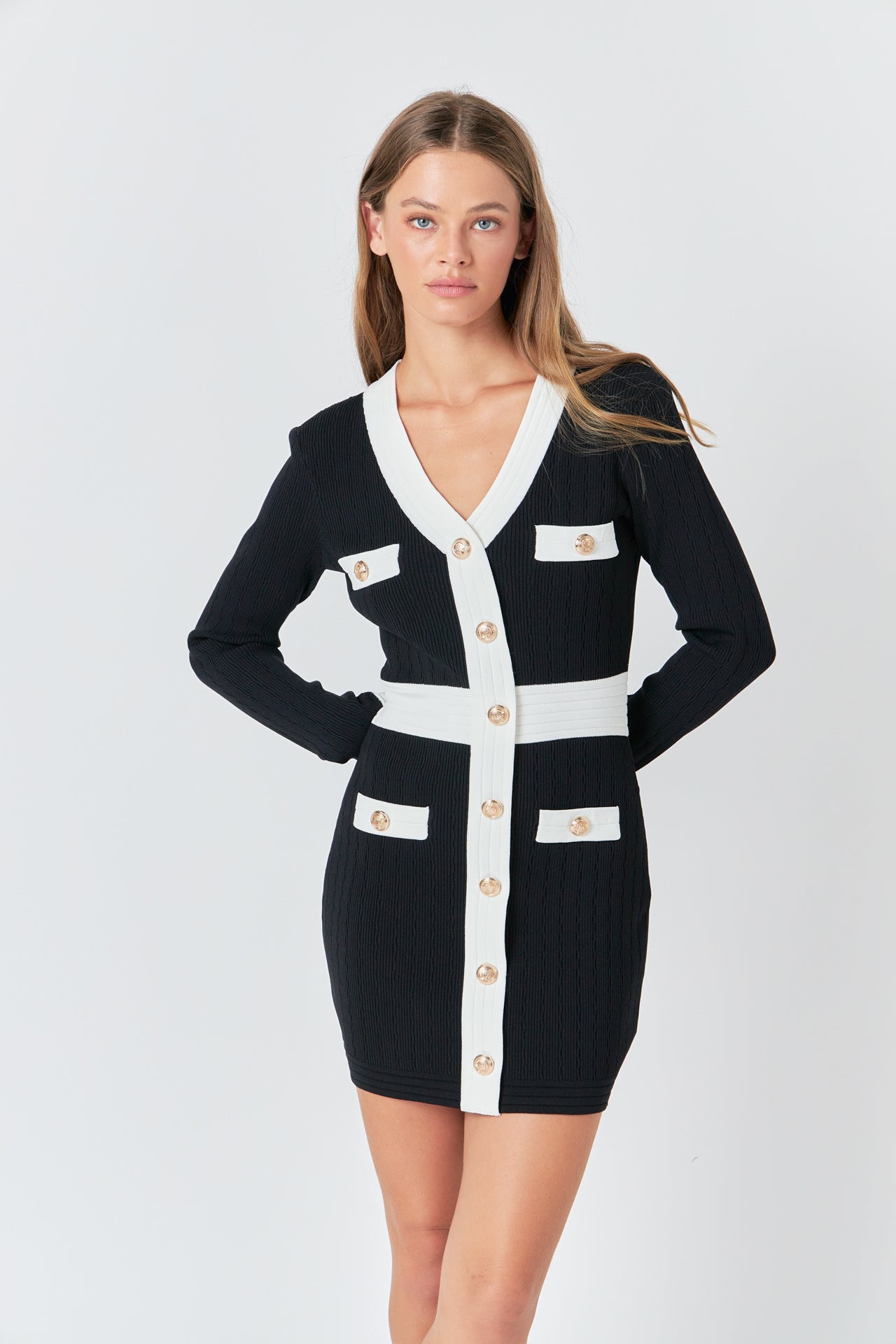 ENDLESS ROSE - Contrast detail V-neck Knit Mini Dress - DRESSES available at Objectrare