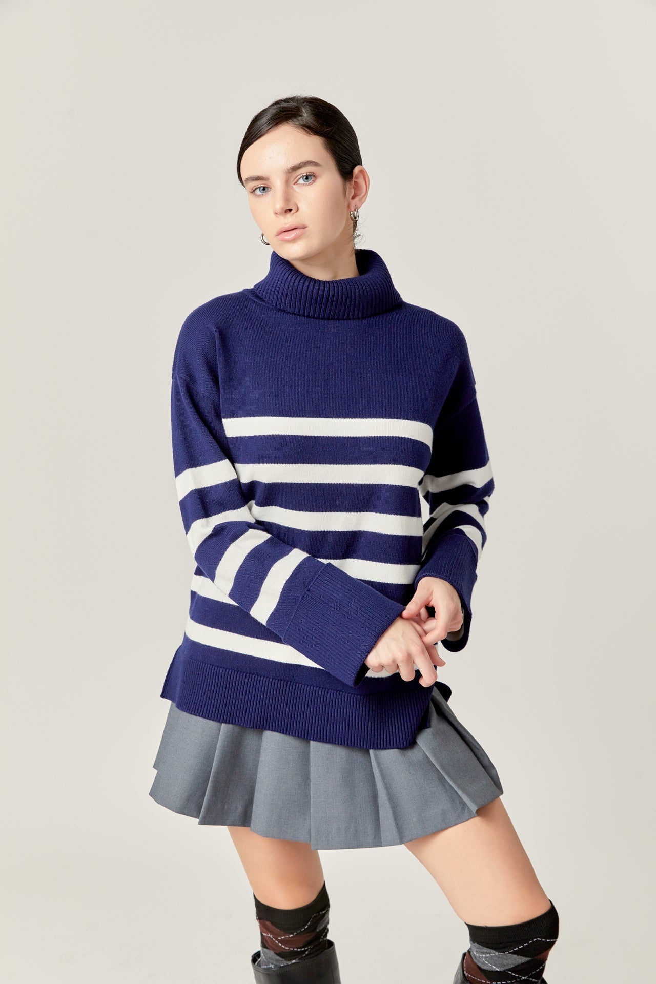 ENGLISH FACTORY - Turtle Neck Stripe Sweater in Navy - SWEATERS & KNITS available at Objectrare