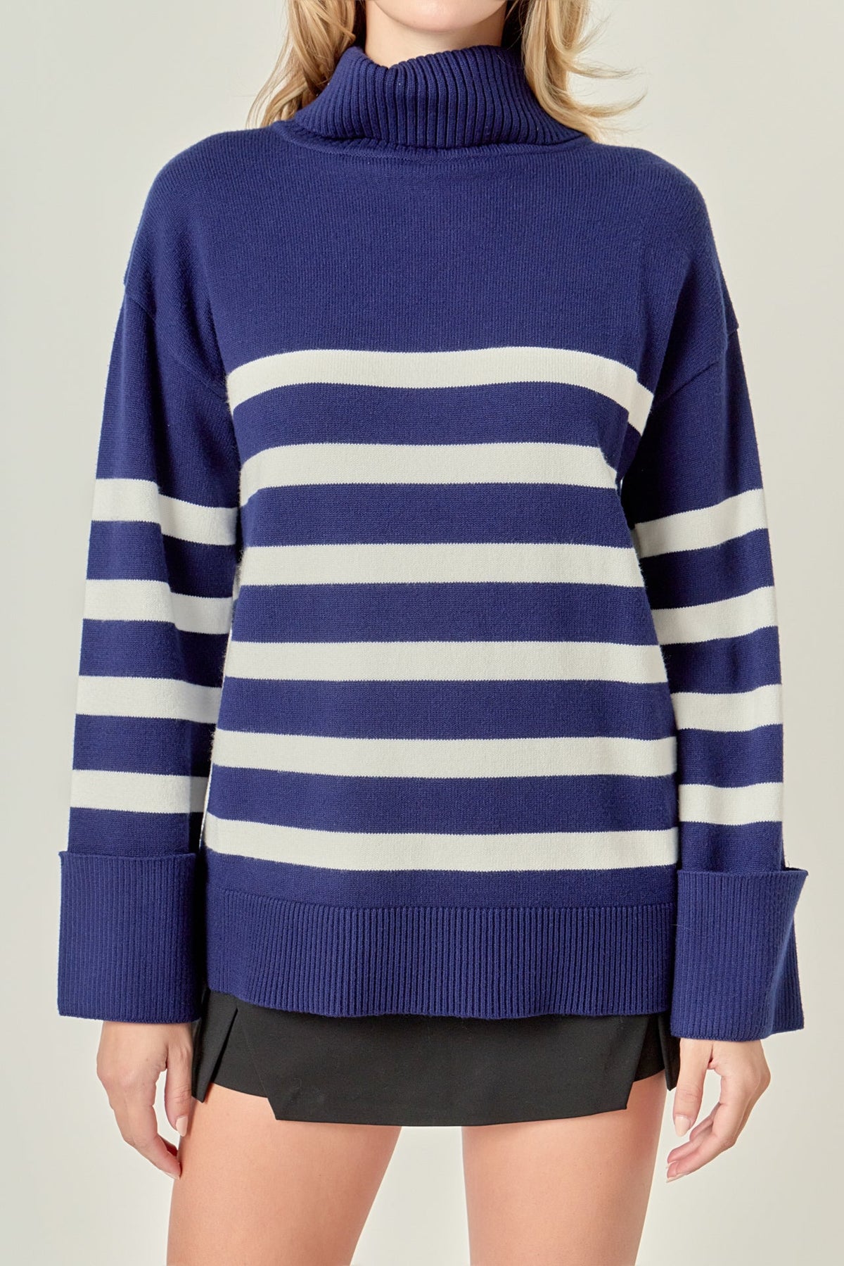 Turtle Neck Stripe Sweater in Navy