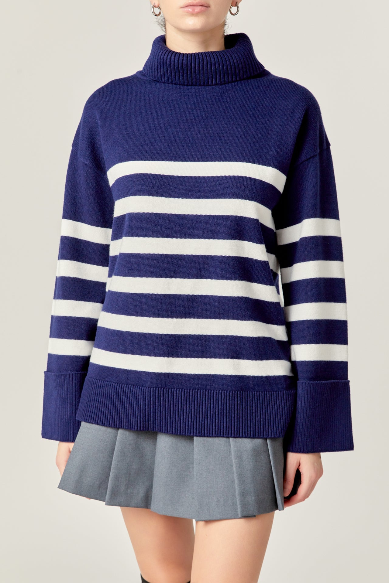 ENGLISH FACTORY - Turtle Neck Stripe Sweater in Navy - SWEATERS & KNITS available at Objectrare