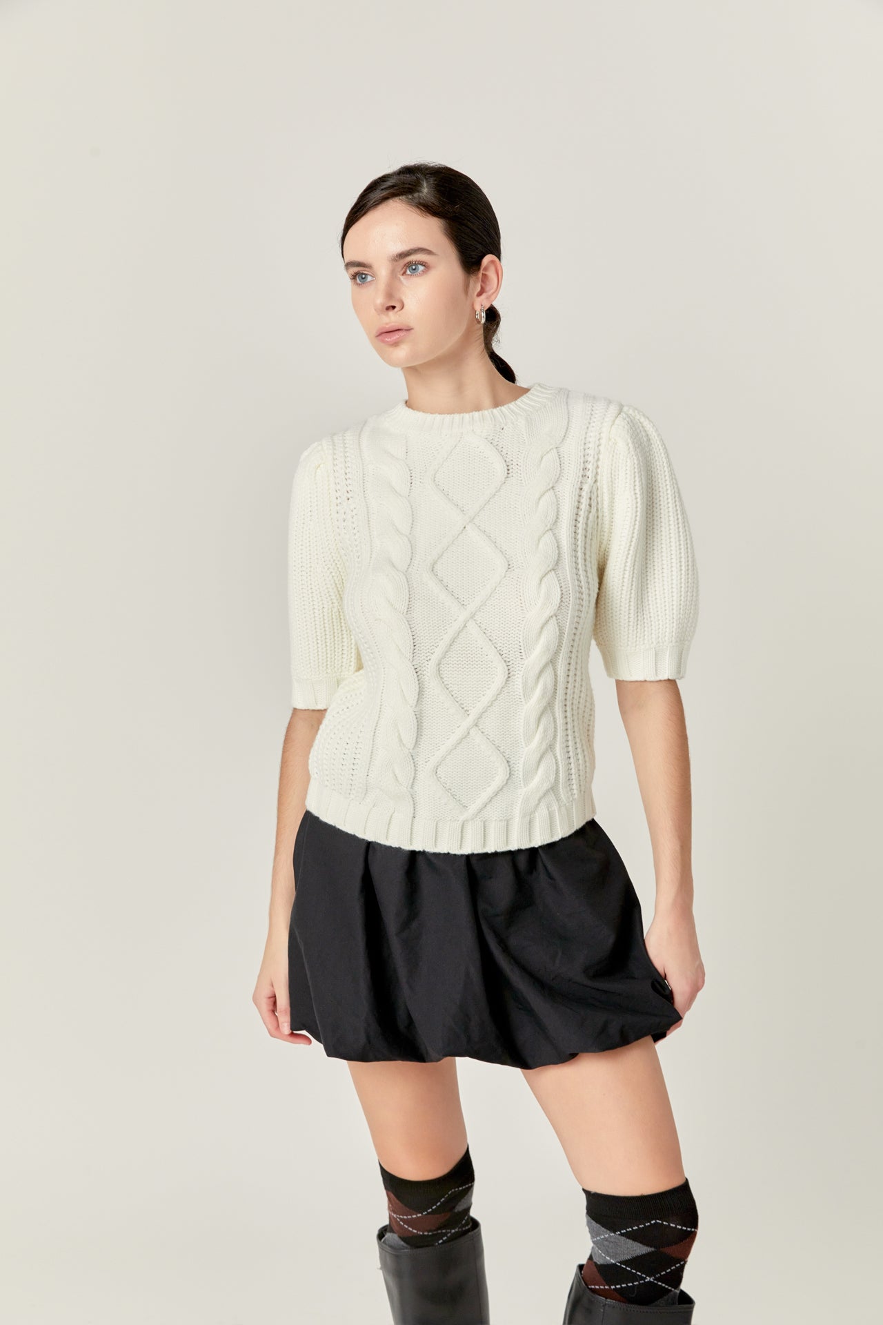ENGLISH FACTORY - Puff Sleeve Cable Knit Sweater - SWEATERS & KNITS available at Objectrare
