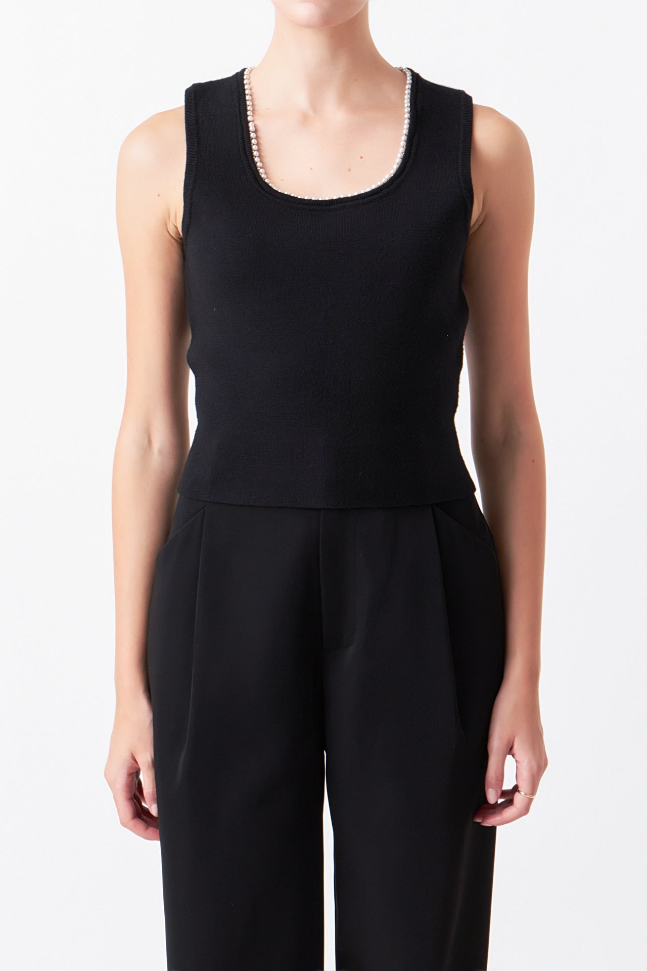 ENDLESS ROSE - Pearl Trim Knit Tank Top - TOPS available at Objectrare