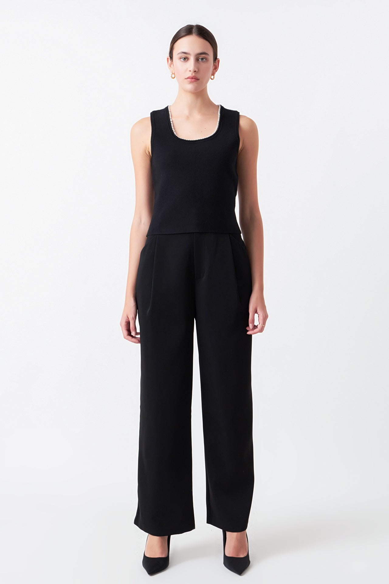 ENDLESS ROSE - Pearl Trim Knit Tank Top - TOPS available at Objectrare