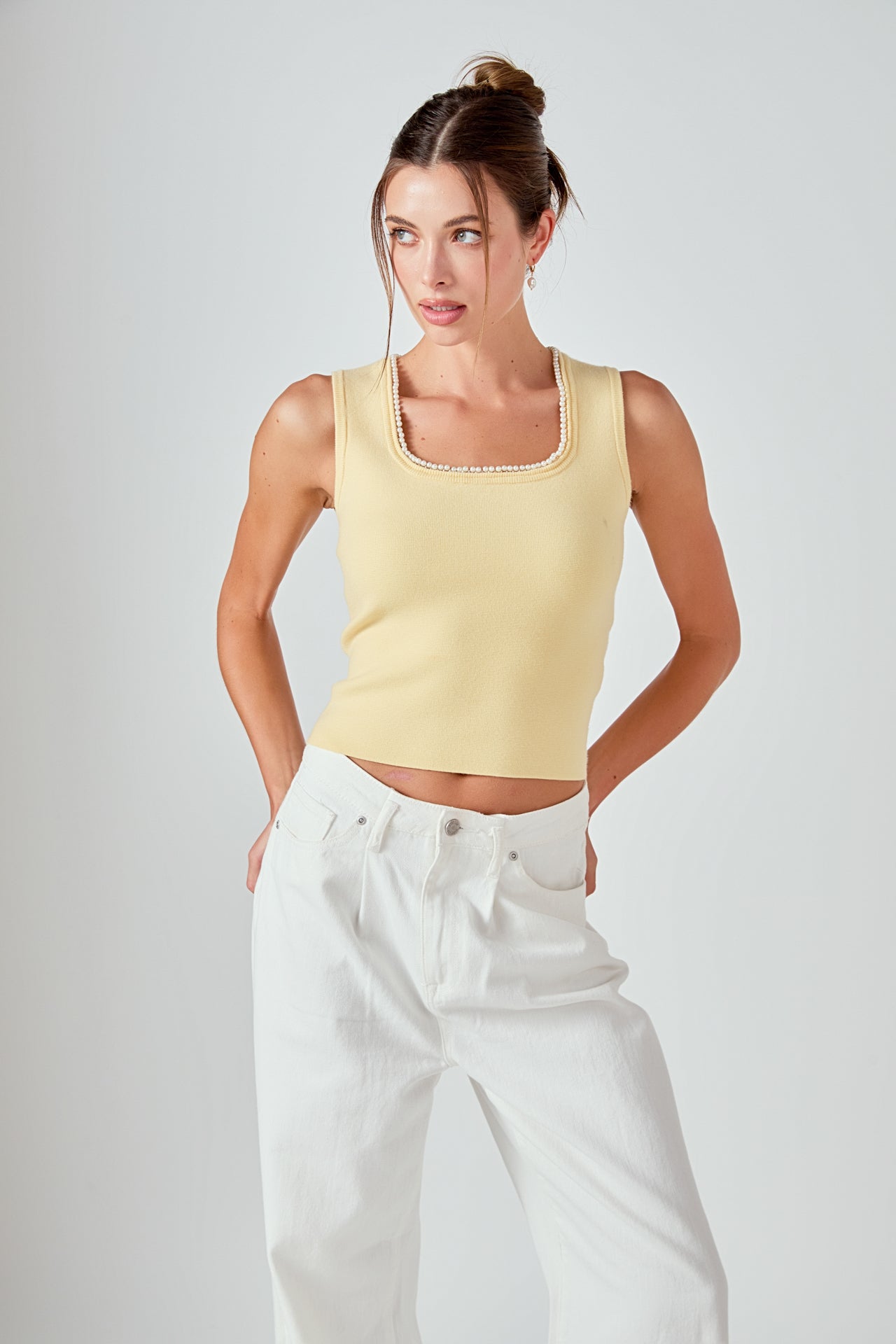 ENDLESS ROSE - Pearl Trim Knit Tank Top - TOPS available at Objectrare