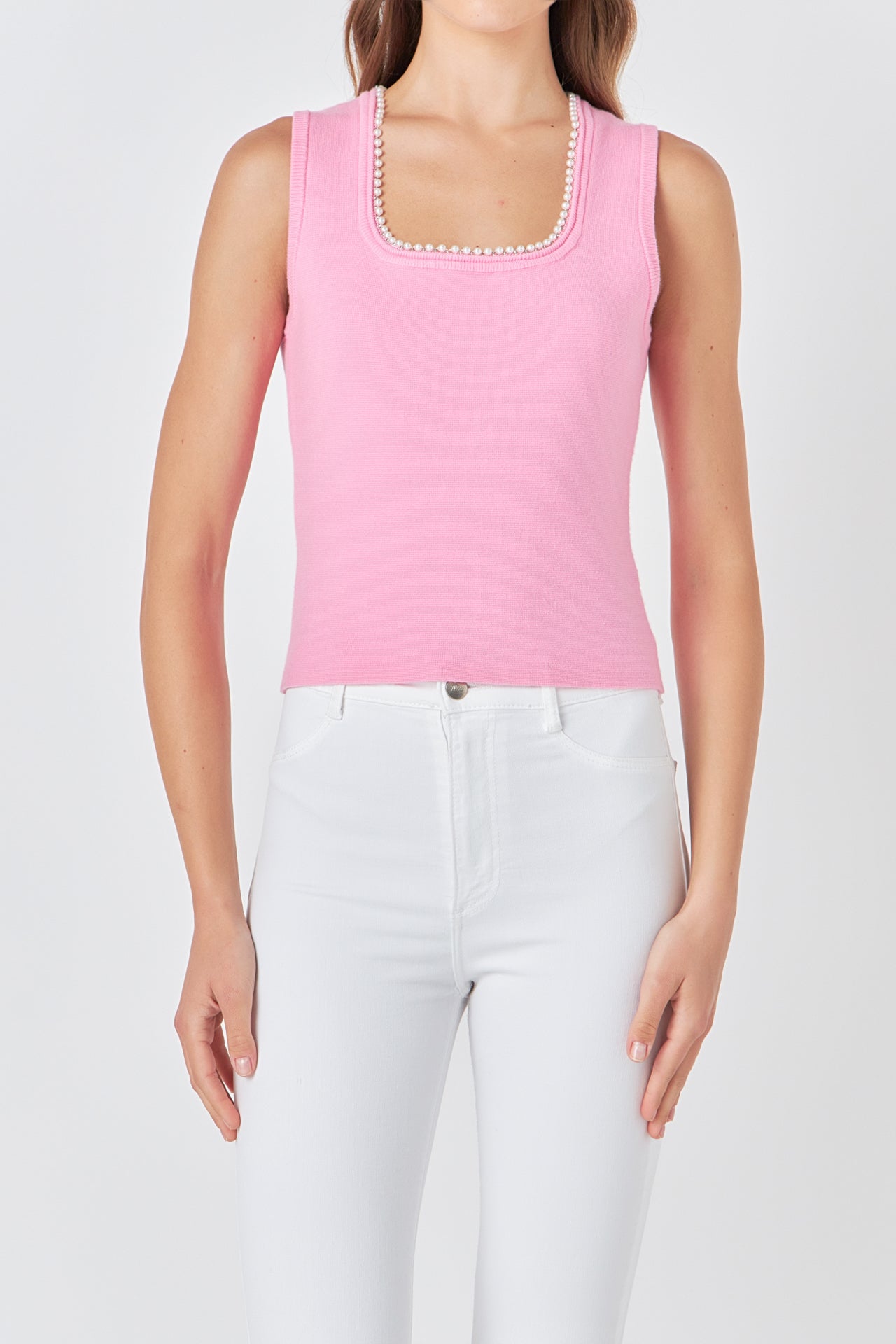 ENDLESS ROSE - Pearl Trim Knit Tank Top - TOPS available at Objectrare
