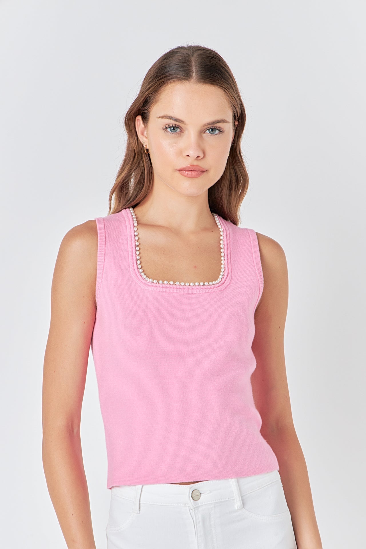ENDLESS ROSE - Pearl Trim Knit Tank Top - TOPS available at Objectrare