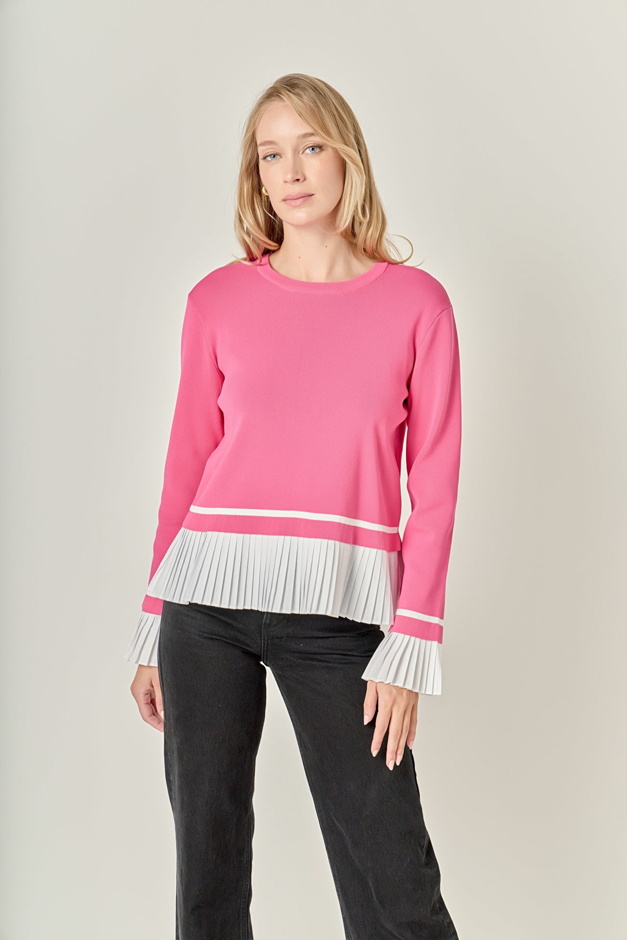 ENGLISH FACTORY - Mixed Media Pleated Knit Top - TOPS available at Objectrare