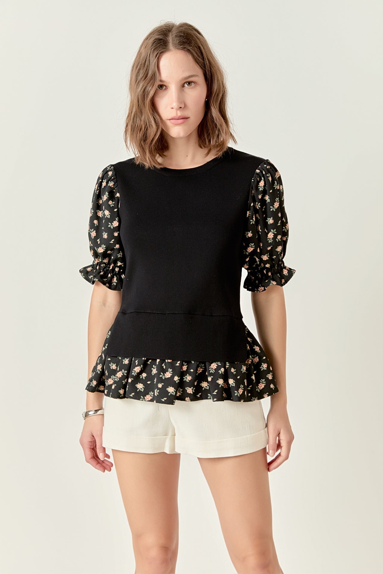 ENGLISH FACTORY - Floral Mixed Knit Top - TOPS available at Objectrare