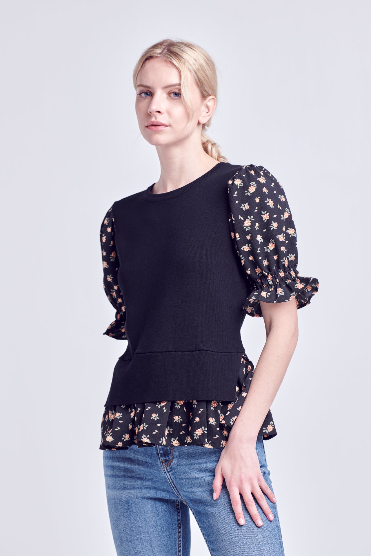 ENGLISH FACTORY - Floral Mixed Knit Top - TOPS available at Objectrare