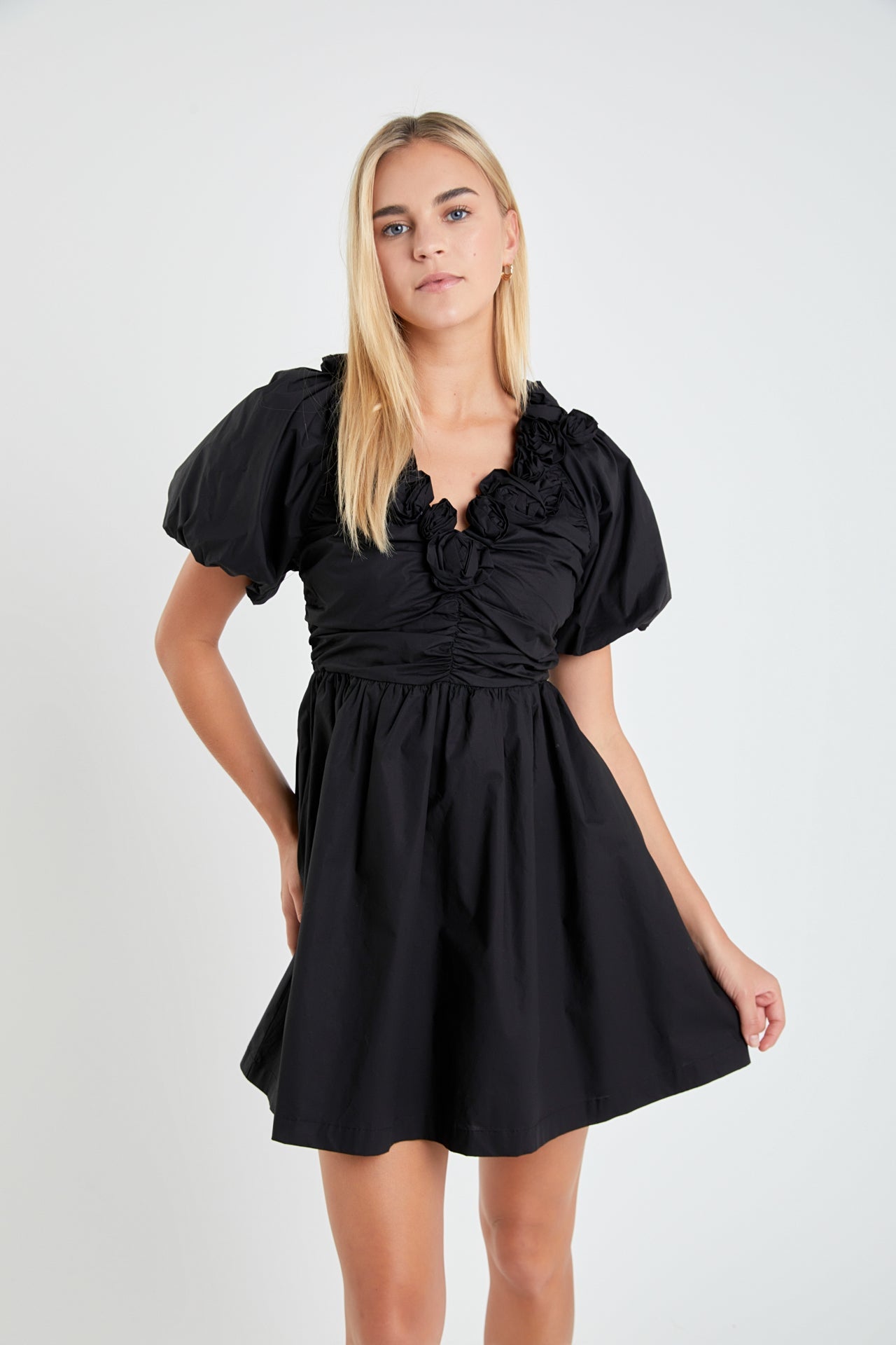 ENGLISH FACTORY - Flower Neckline Puff Sleeve Mini Dress - DRESSES available at Objectrare
