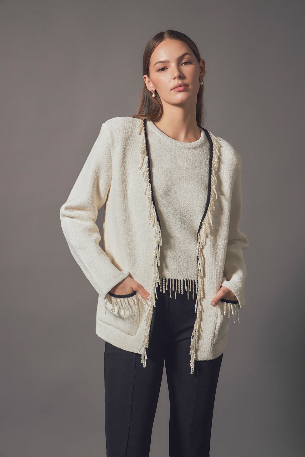 ENDLESS ROSE - Pearl Trim Knit Cardigan - JACKETS available at Objectrare