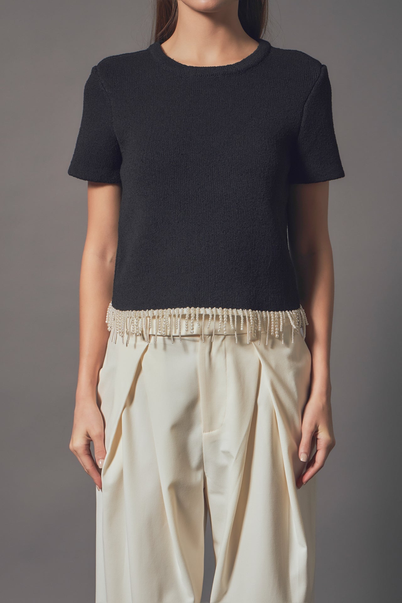 ENDLESS ROSE - Premium Pearl Trim Knit Top - TOPS available at Objectrare