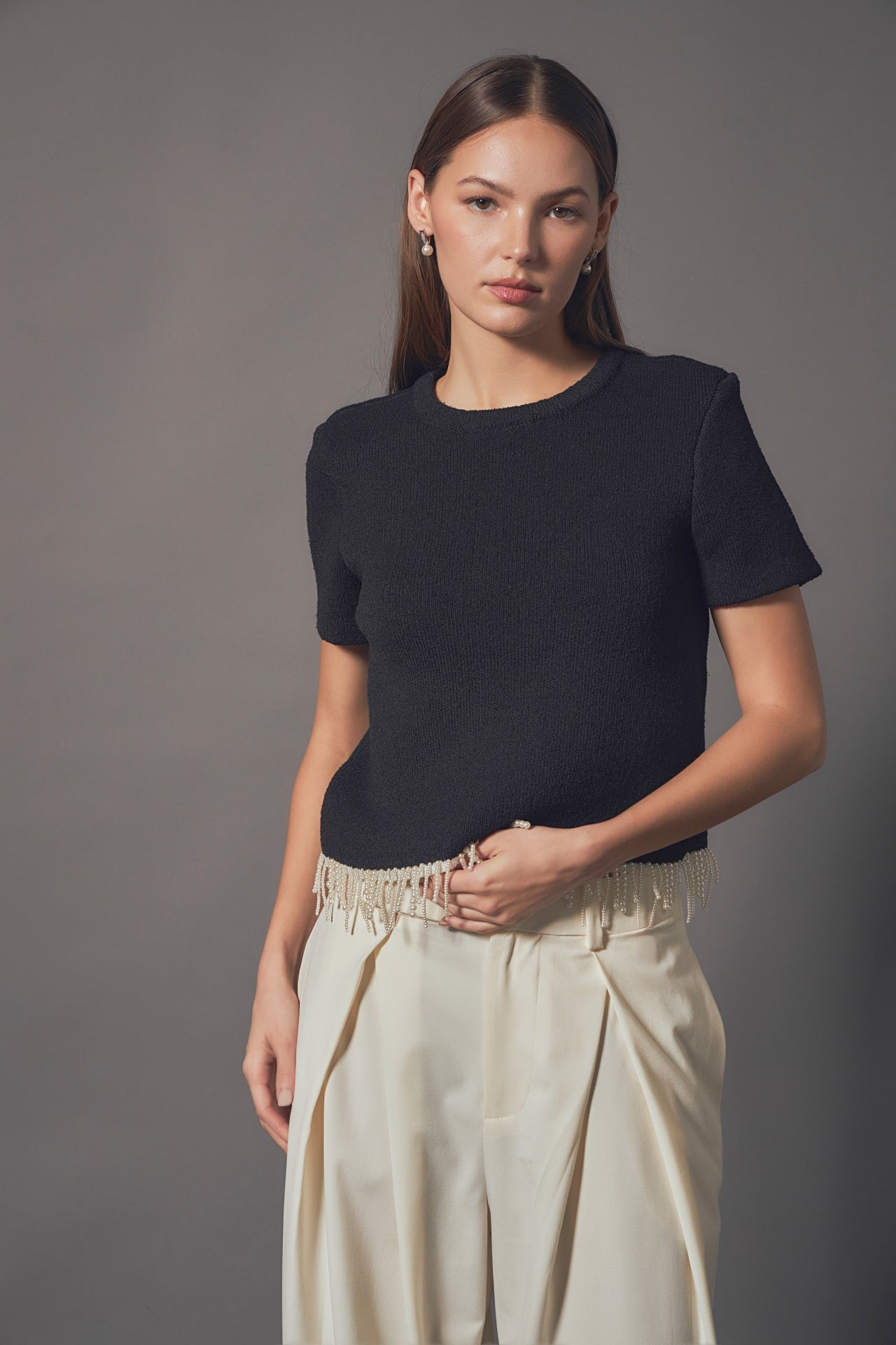 ENDLESS ROSE - Premium Pearl Trim Knit Top - TOPS available at Objectrare