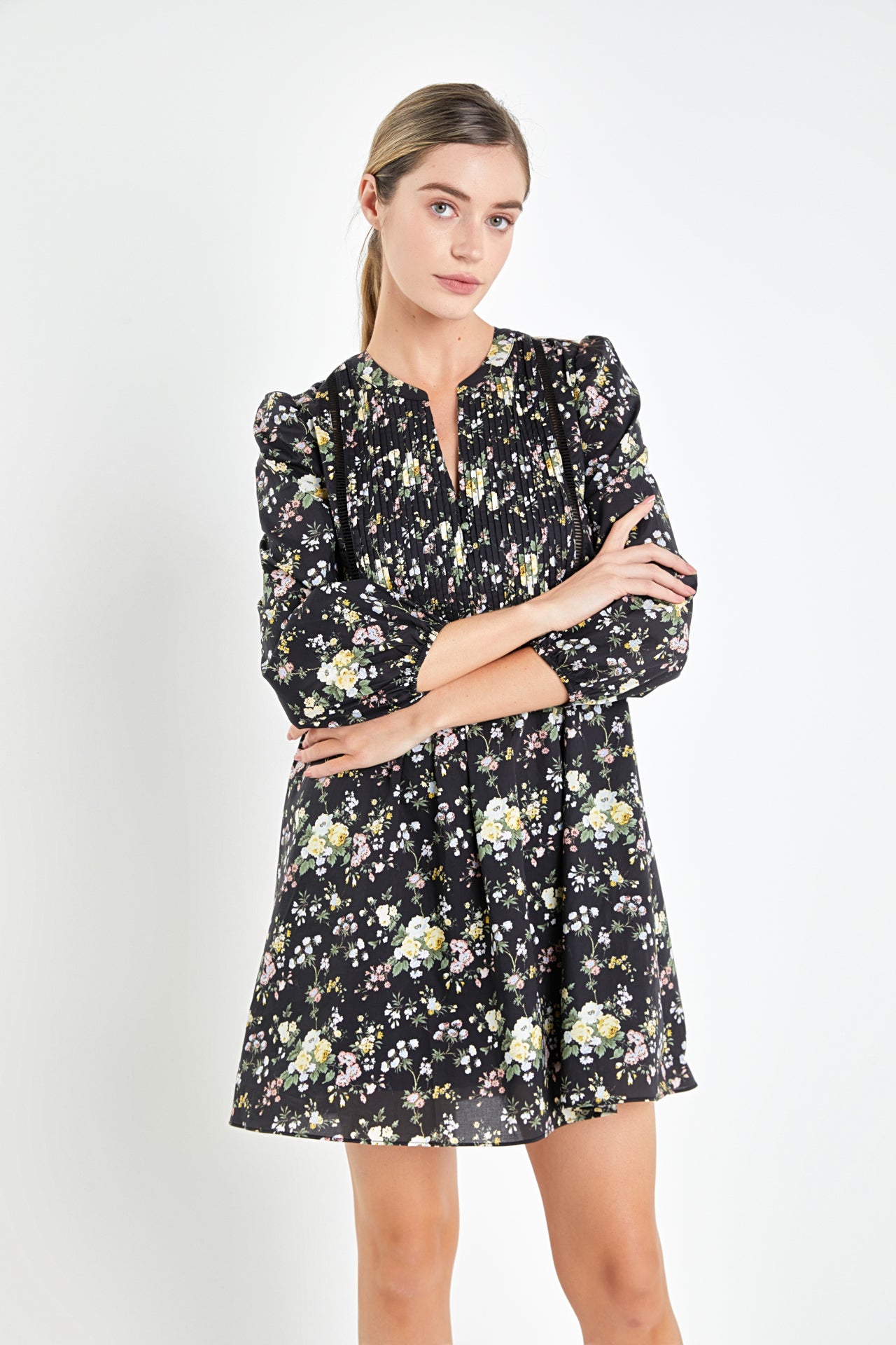 ENGLISH FACTORY - Pintuck Floral Mini Dress - DRESSES available at Objectrare