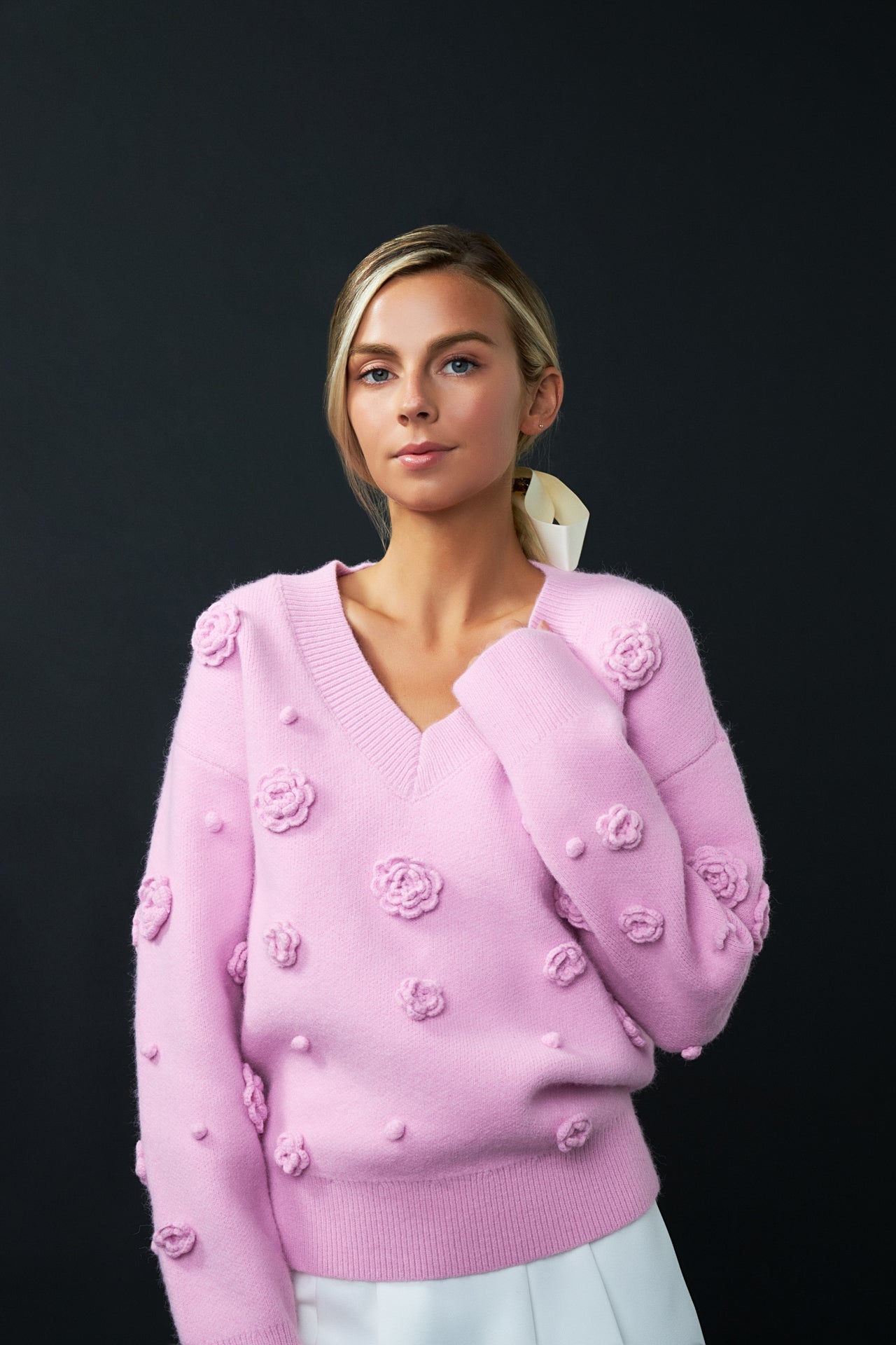 ENGLISH FACTORY - Flower V-neckline Sweater - TOPS available at Objectrare