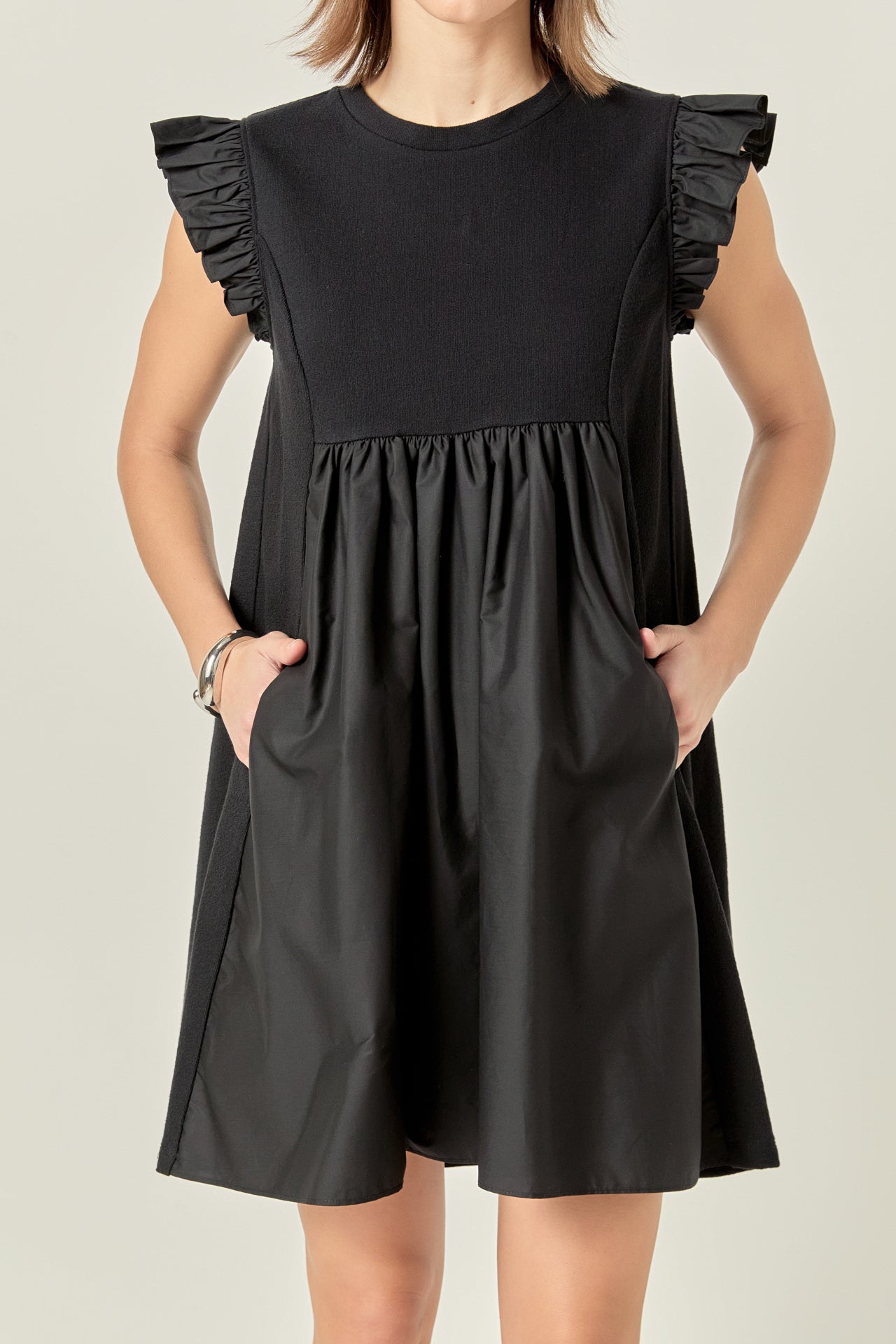 ENGLISH FACTORY - Mixed Media Ruffle Sleeve Mini Dress - DRESSES available at Objectrare