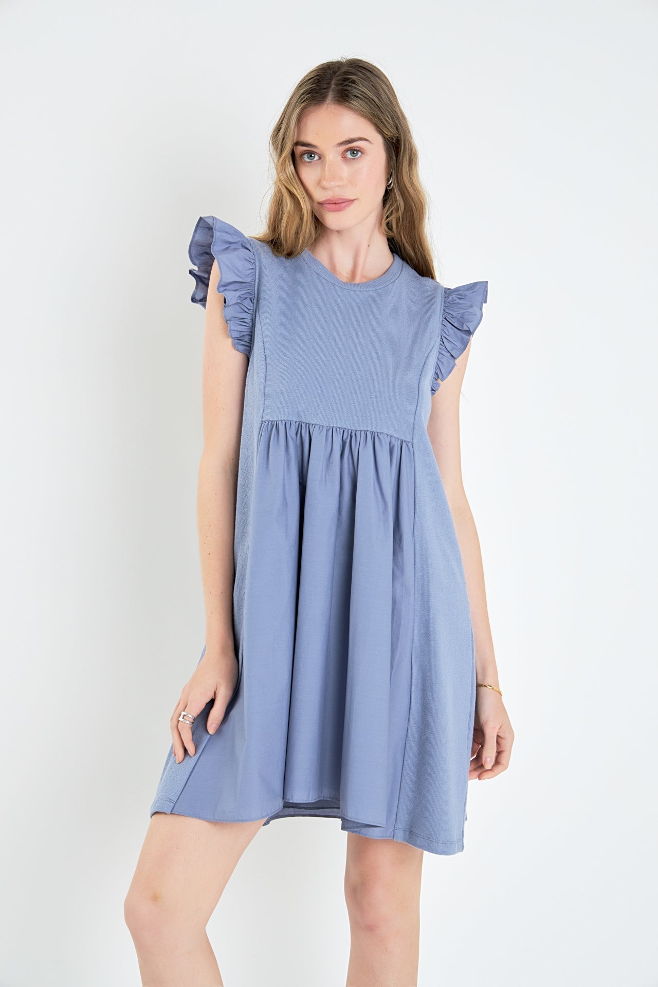 Mixed Media Ruffle Sleeve Mini Dress