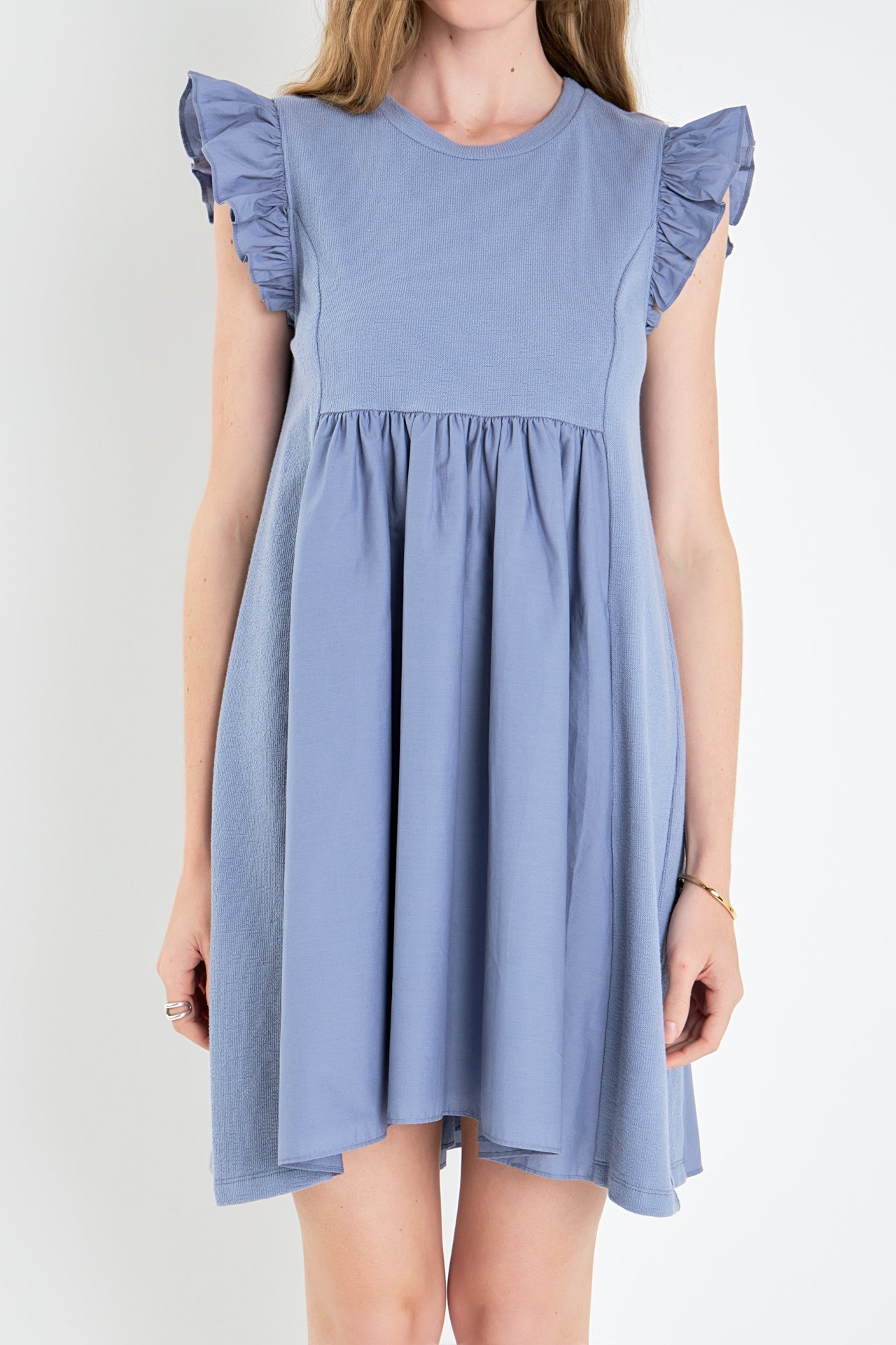 Mixed Media Ruffle Sleeve Mini Dress