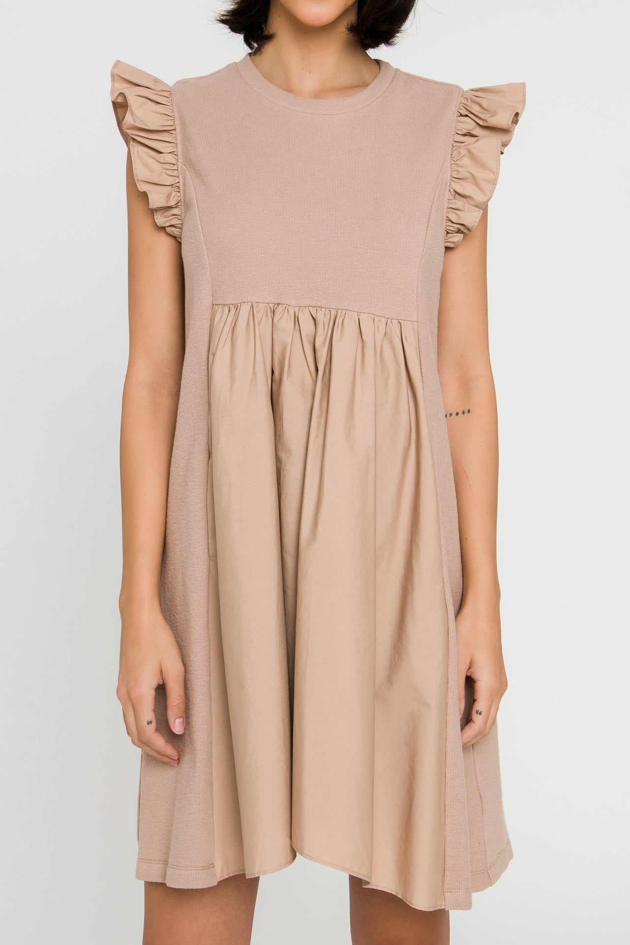 Mixed Media Ruffle Sleeve Mini Dress
