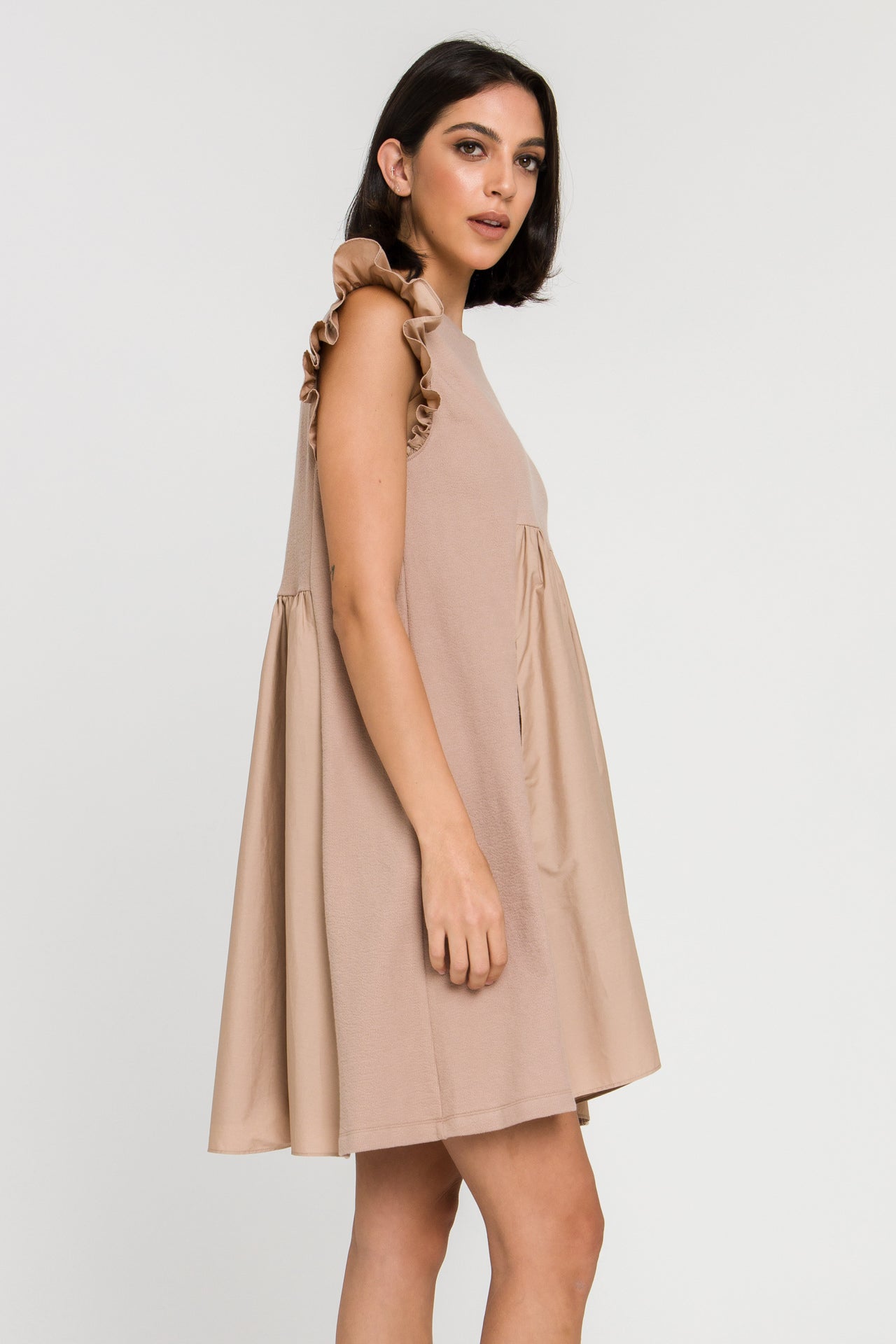 Mixed Media Ruffle Sleeve Mini Dress