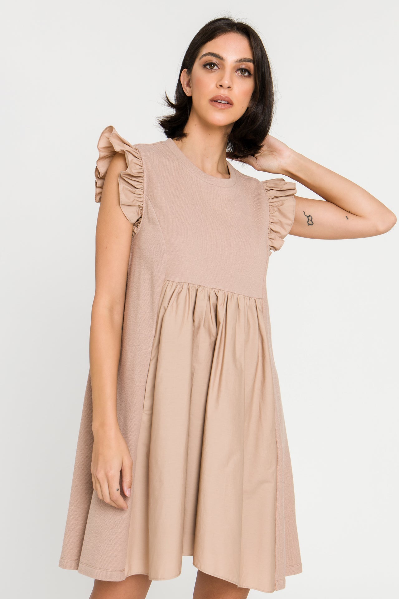 Mixed Media Ruffle Sleeve Mini Dress