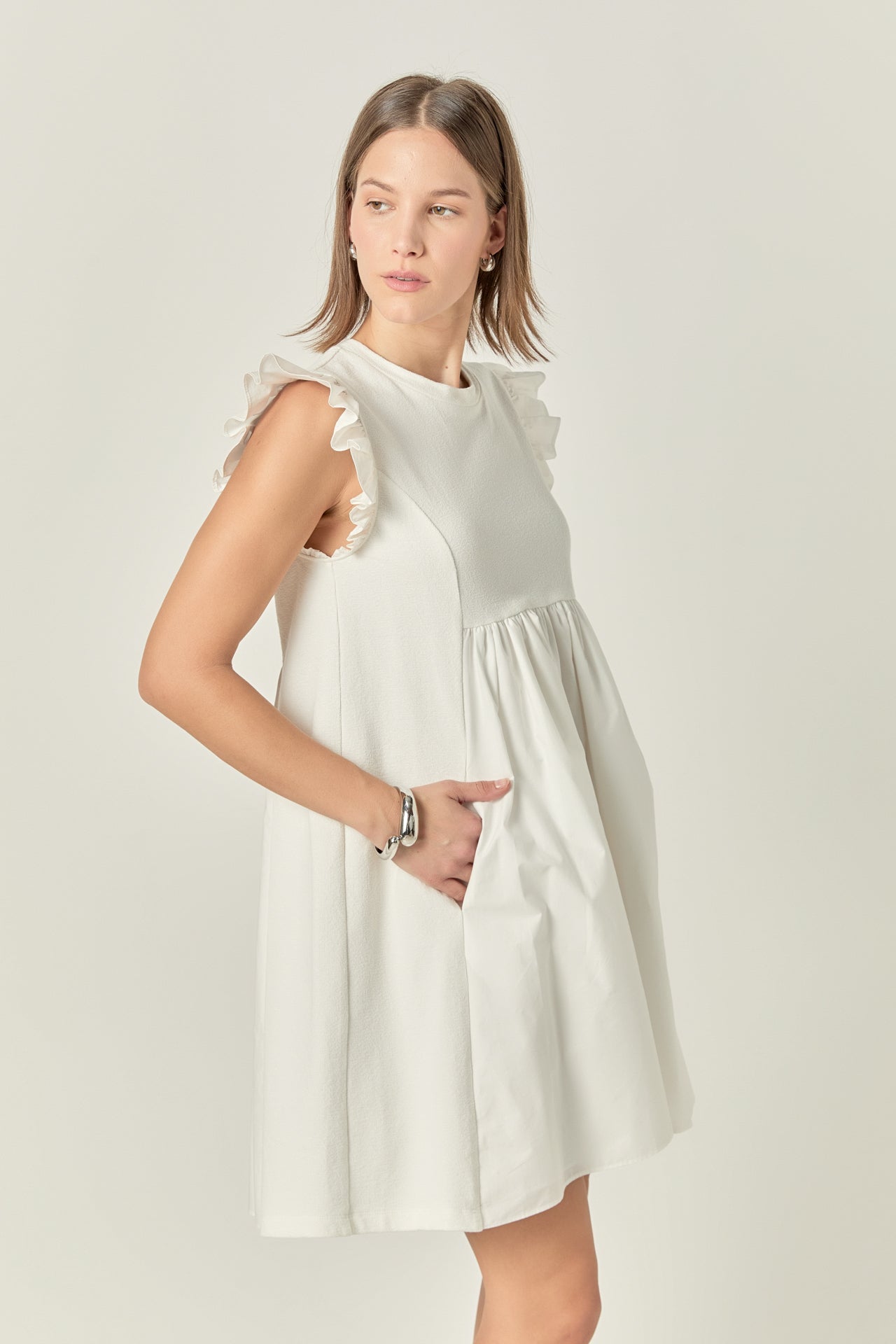 ENGLISH FACTORY - Mixed Media Ruffle Sleeve Mini Dress - DRESSES available at Objectrare