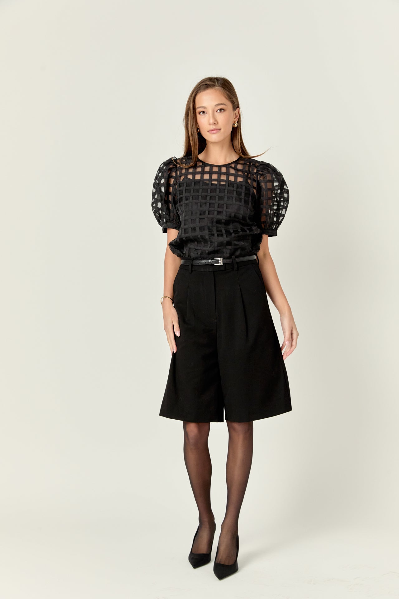 Plaid Sheer Puff Sleeve Top