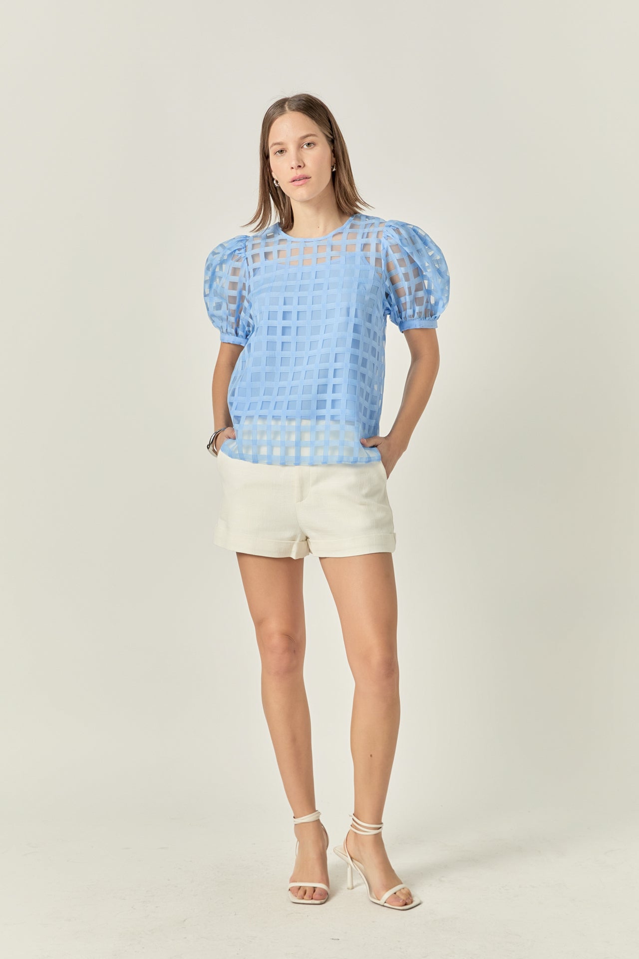 ENGLISH FACTORY - Plaid Sheer Puff Sleeve Top - TOPS available at Objectrare