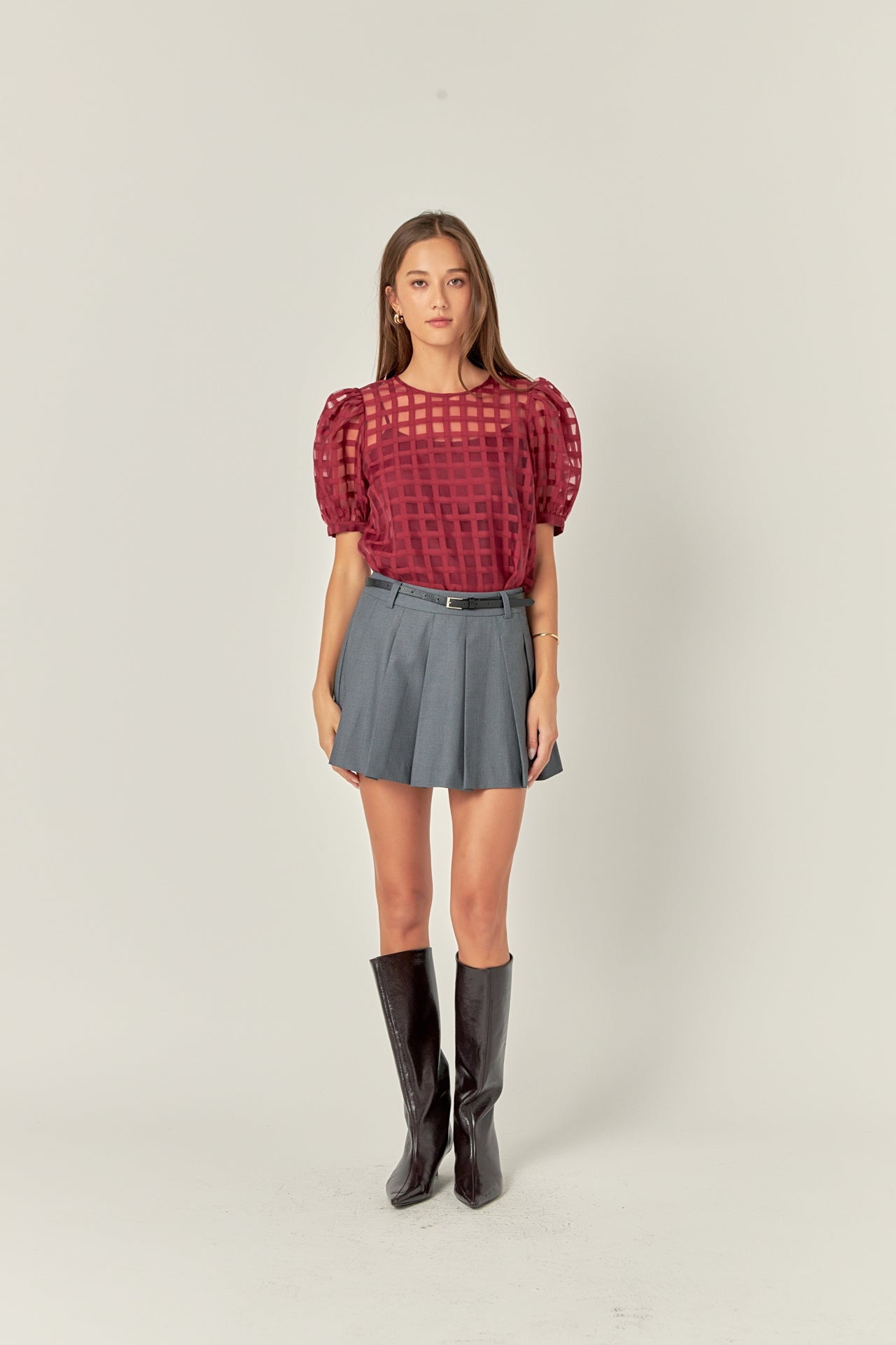 Plaid Sheer Puff Sleeve Top