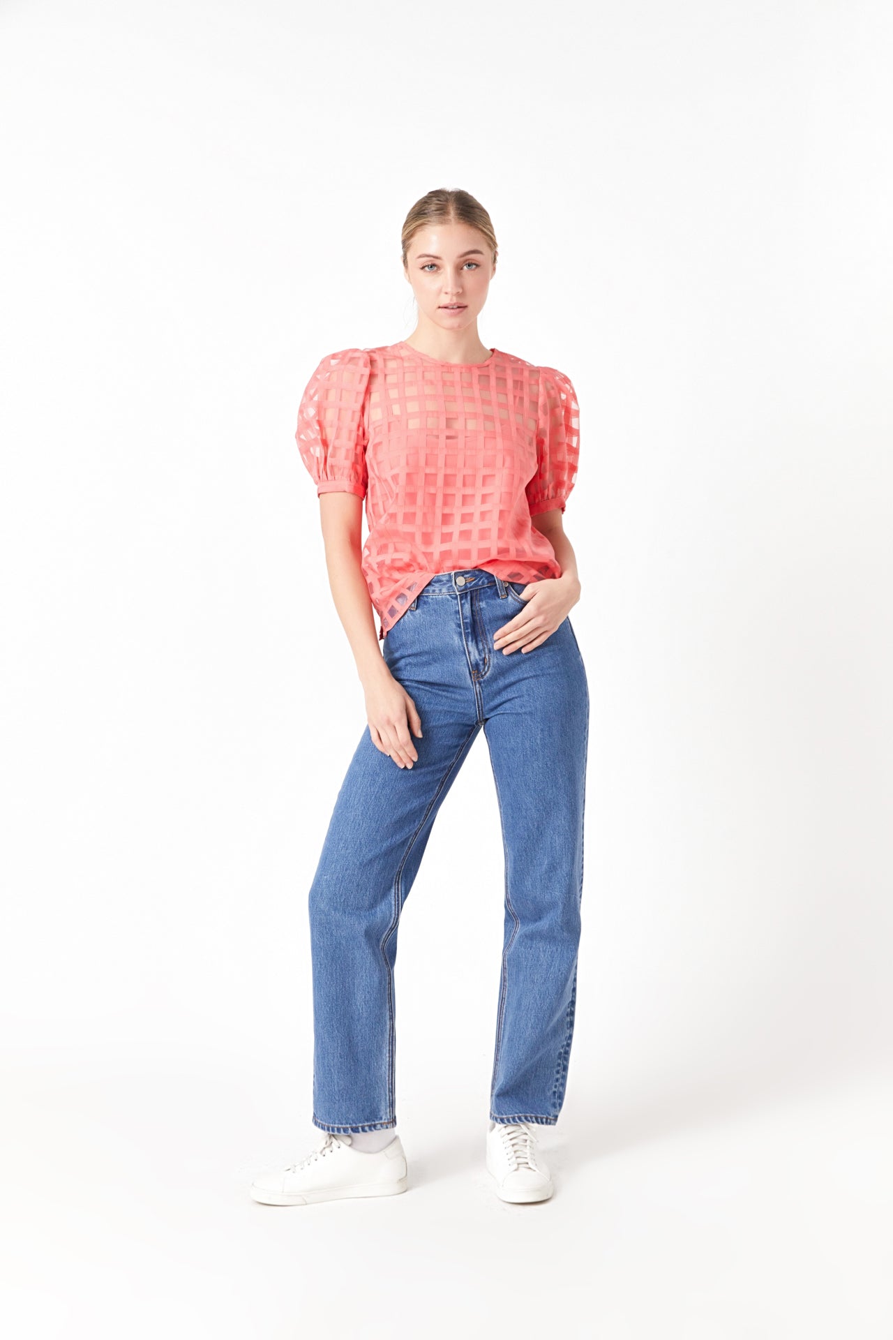 Plaid Sheer Puff Sleeve Top