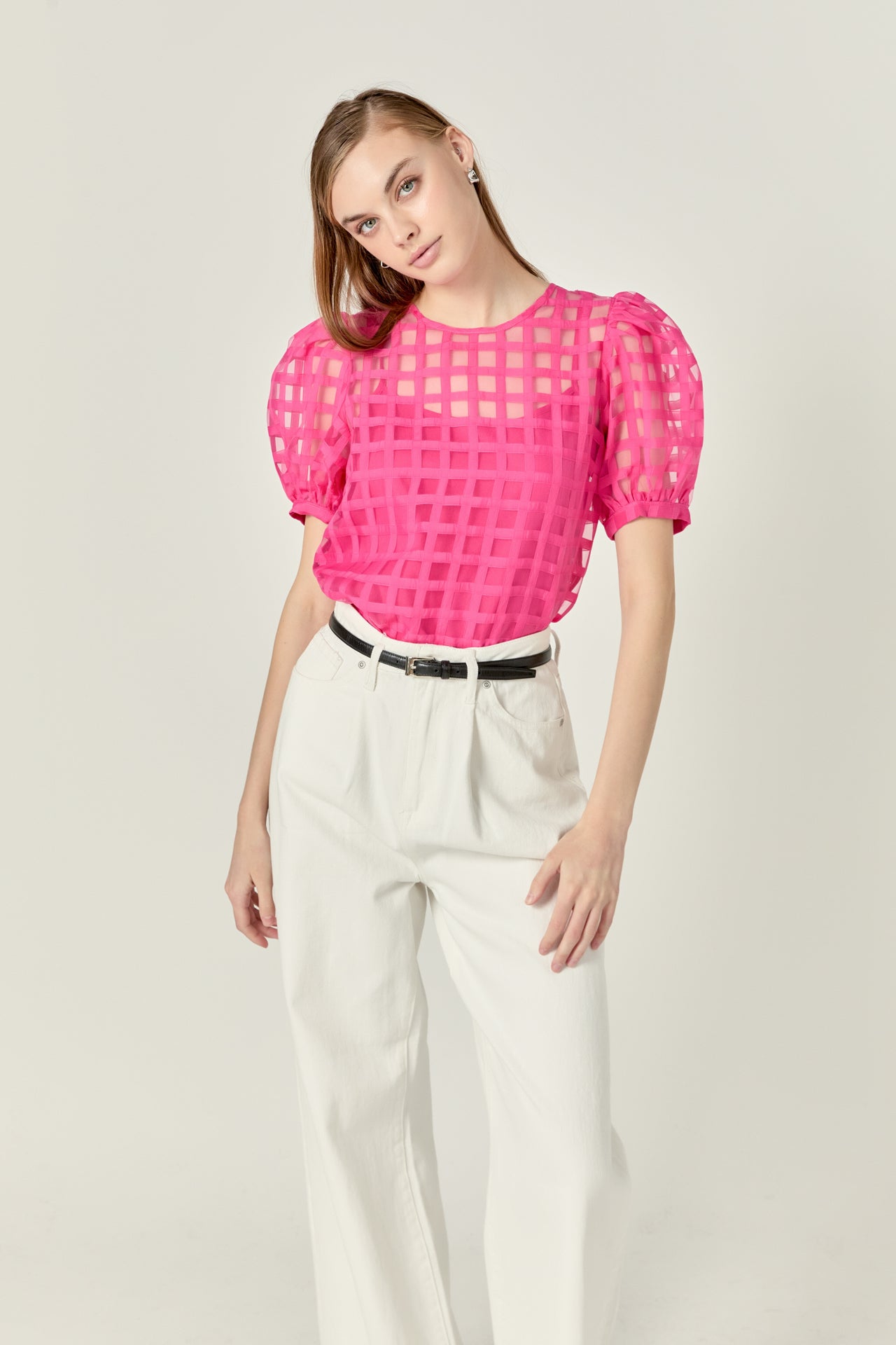 Plaid Sheer Puff Sleeve Top