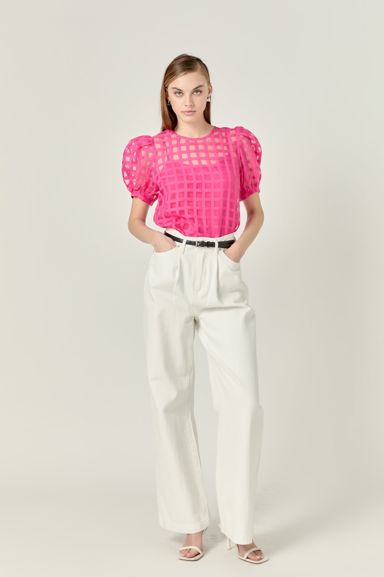 Plaid Sheer Puff Sleeve Top