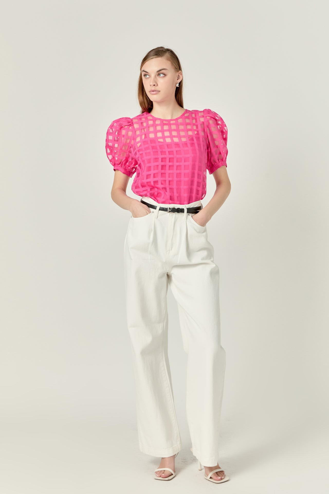 Plaid Sheer Puff Sleeve Top